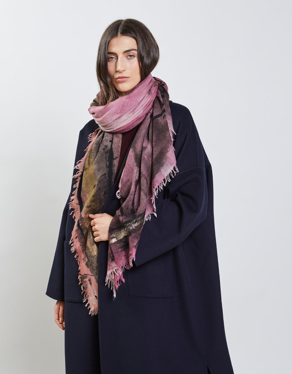 Kirala wool and silk scarf, hand-painted mauve multicolour