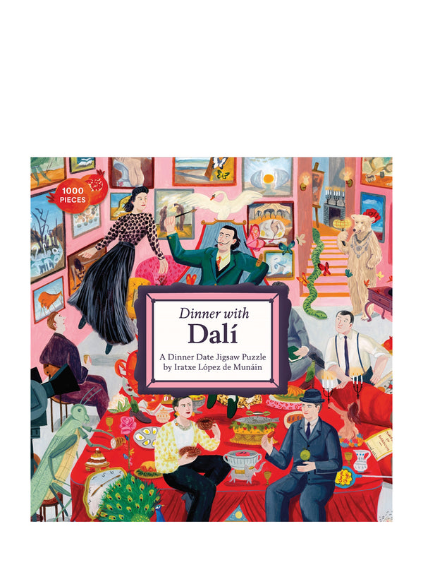 A colorful illustrated jigsaw puzzle depicting a whimsical scene with Salvador Dalí, Meret Oppenheim, and René Magritte at a dinner party.