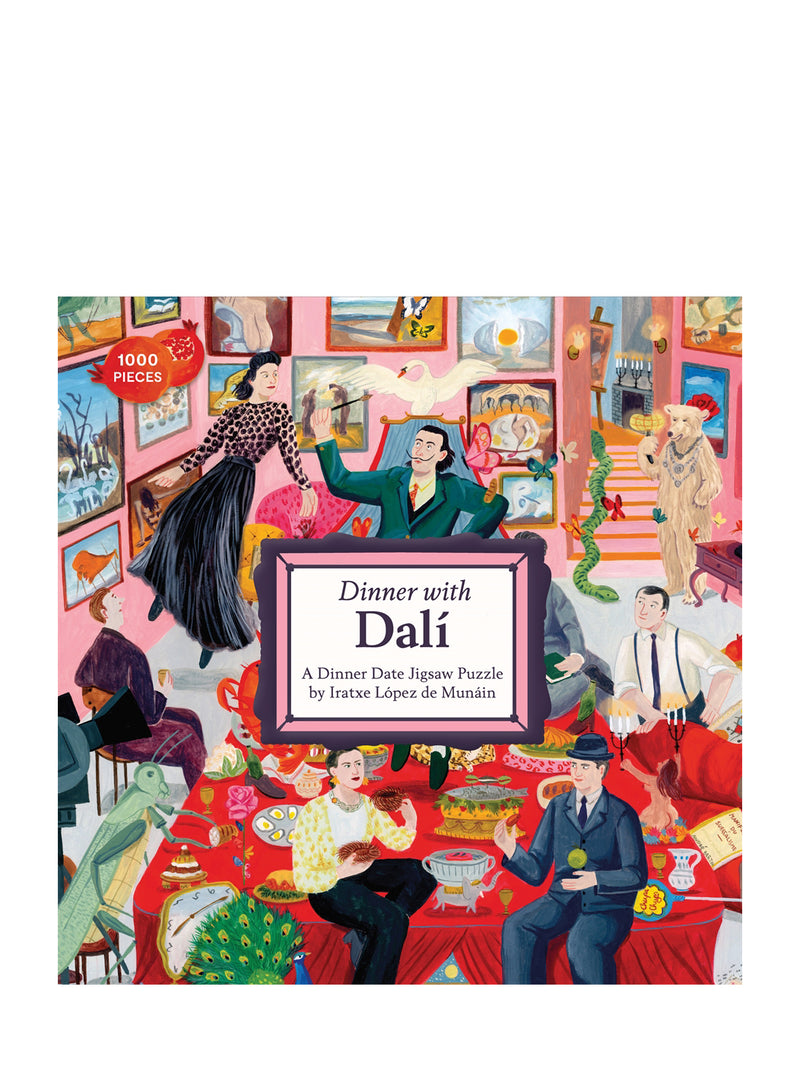 A colorful illustrated jigsaw puzzle depicting a whimsical scene with Salvador Dalí, Meret Oppenheim, and René Magritte at a dinner party.