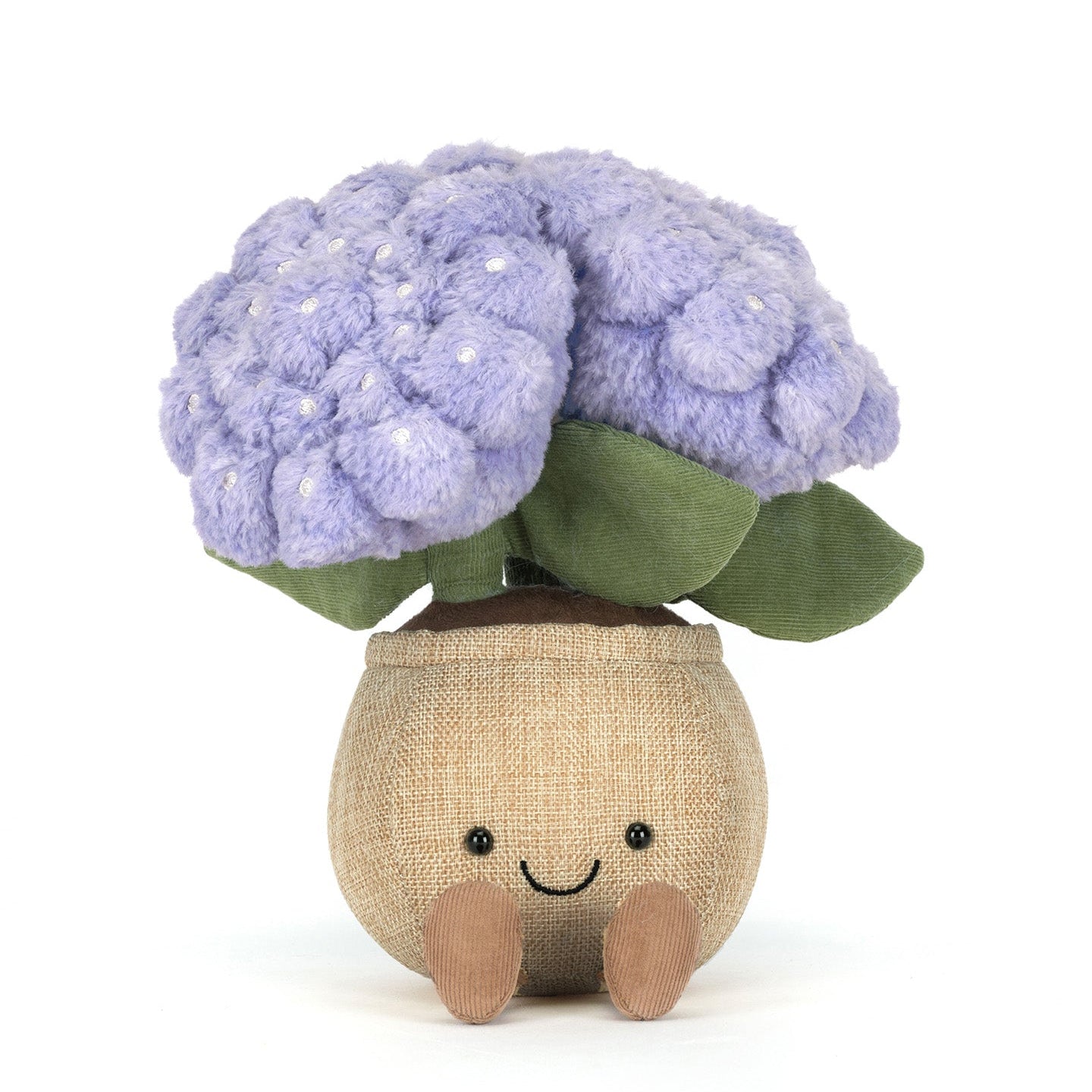 Stuffed Jellycat toy shaped purple hydrangea flowers on flower pot has smiling face and little feet