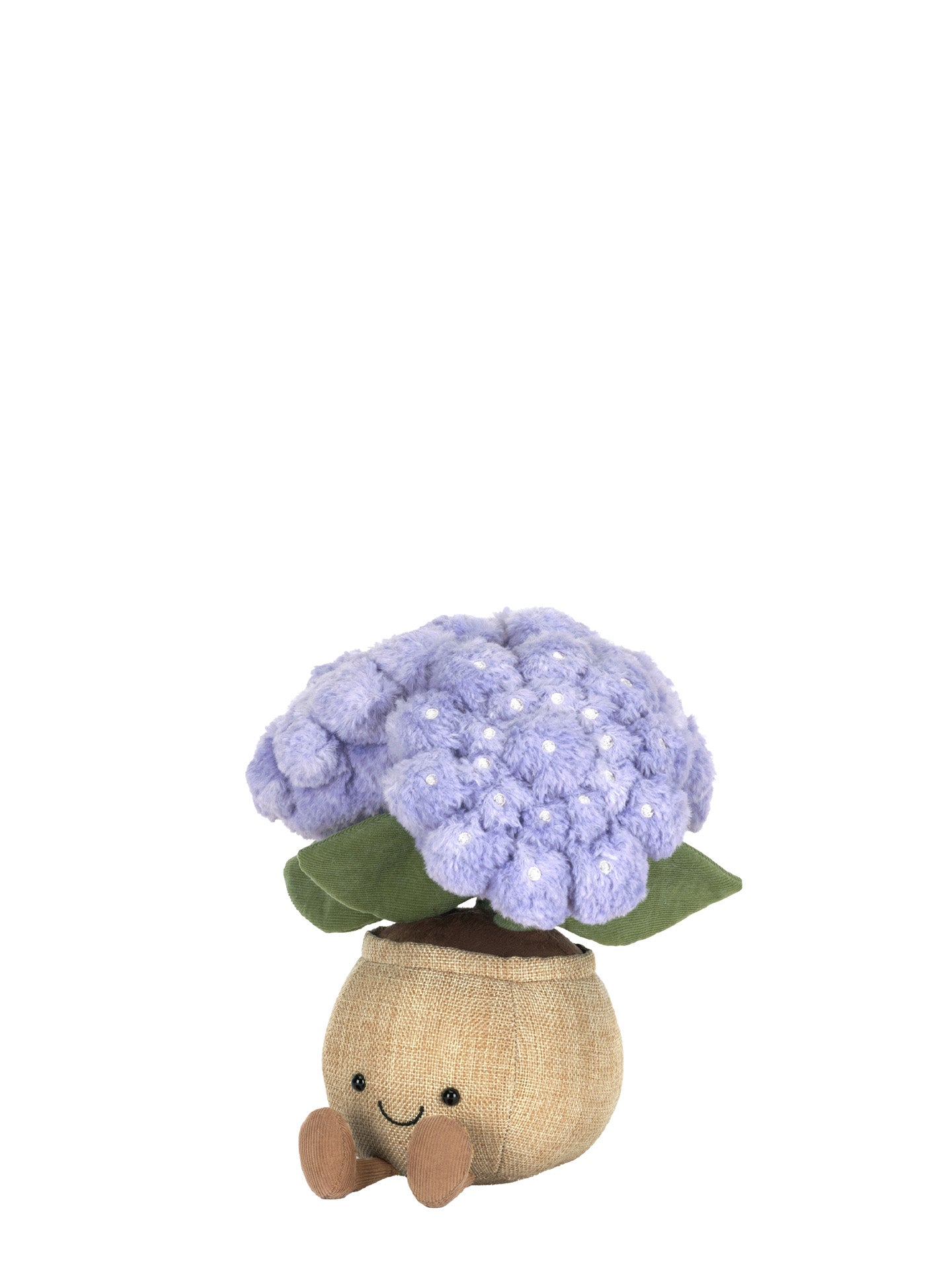 Jellycat decorative plush toy resembling a hydrangea flower with a smiling face on a white background