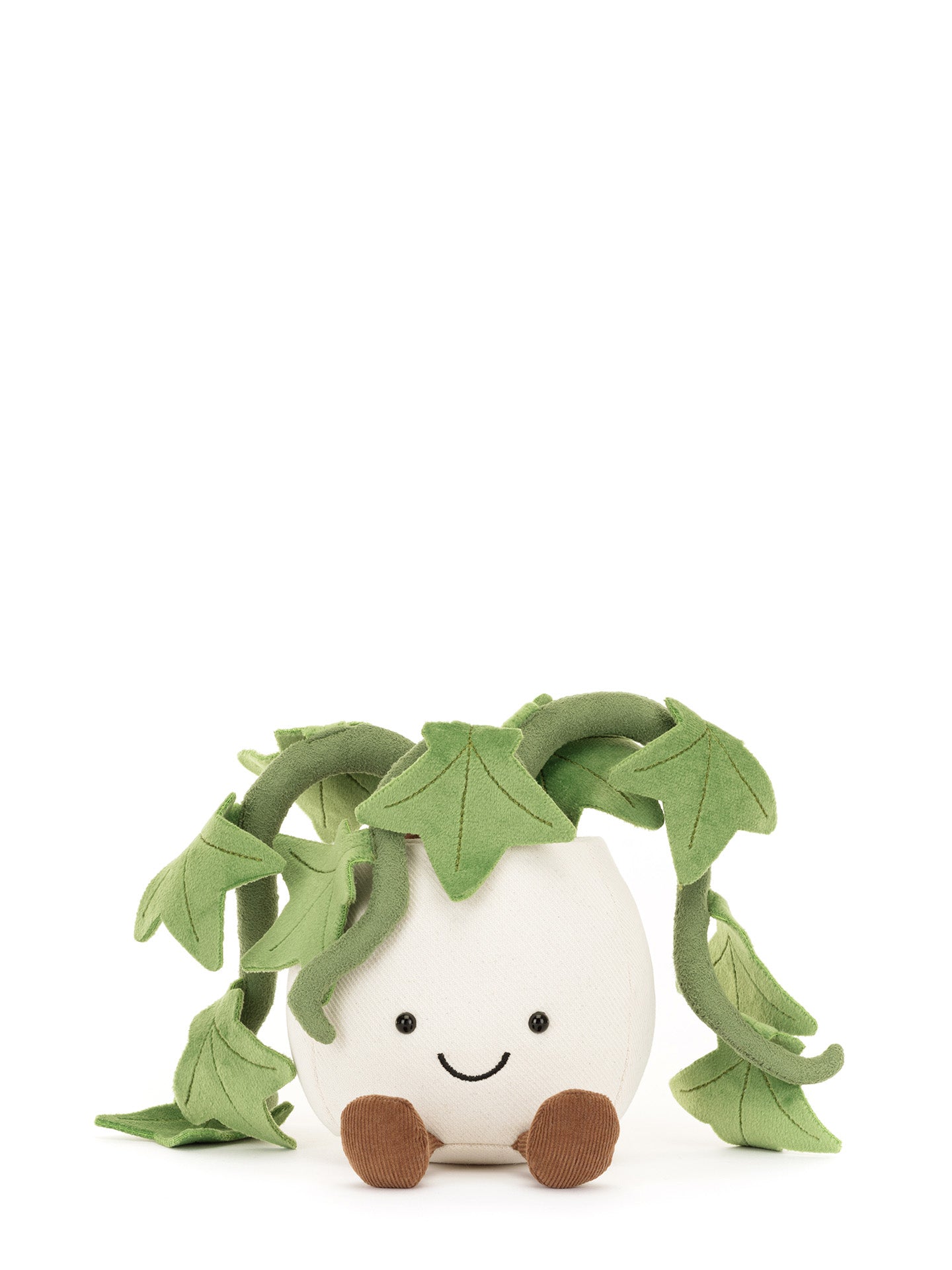 Jellycat plush toy shaped like a white pot with ivy plant 