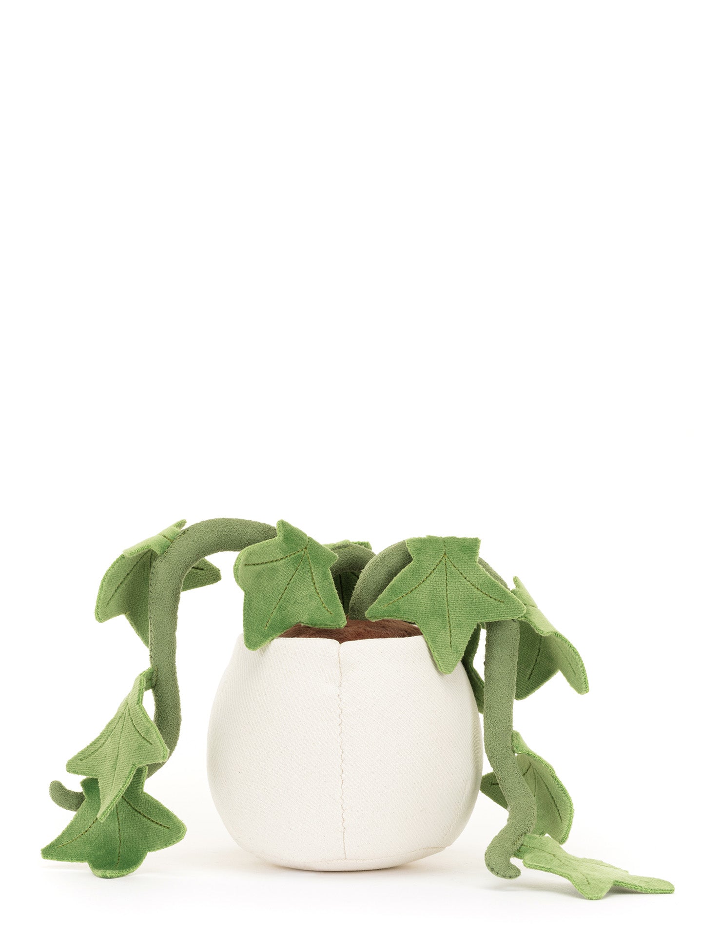 Jellycat plush toy shaped like a white pot with ivy plant 