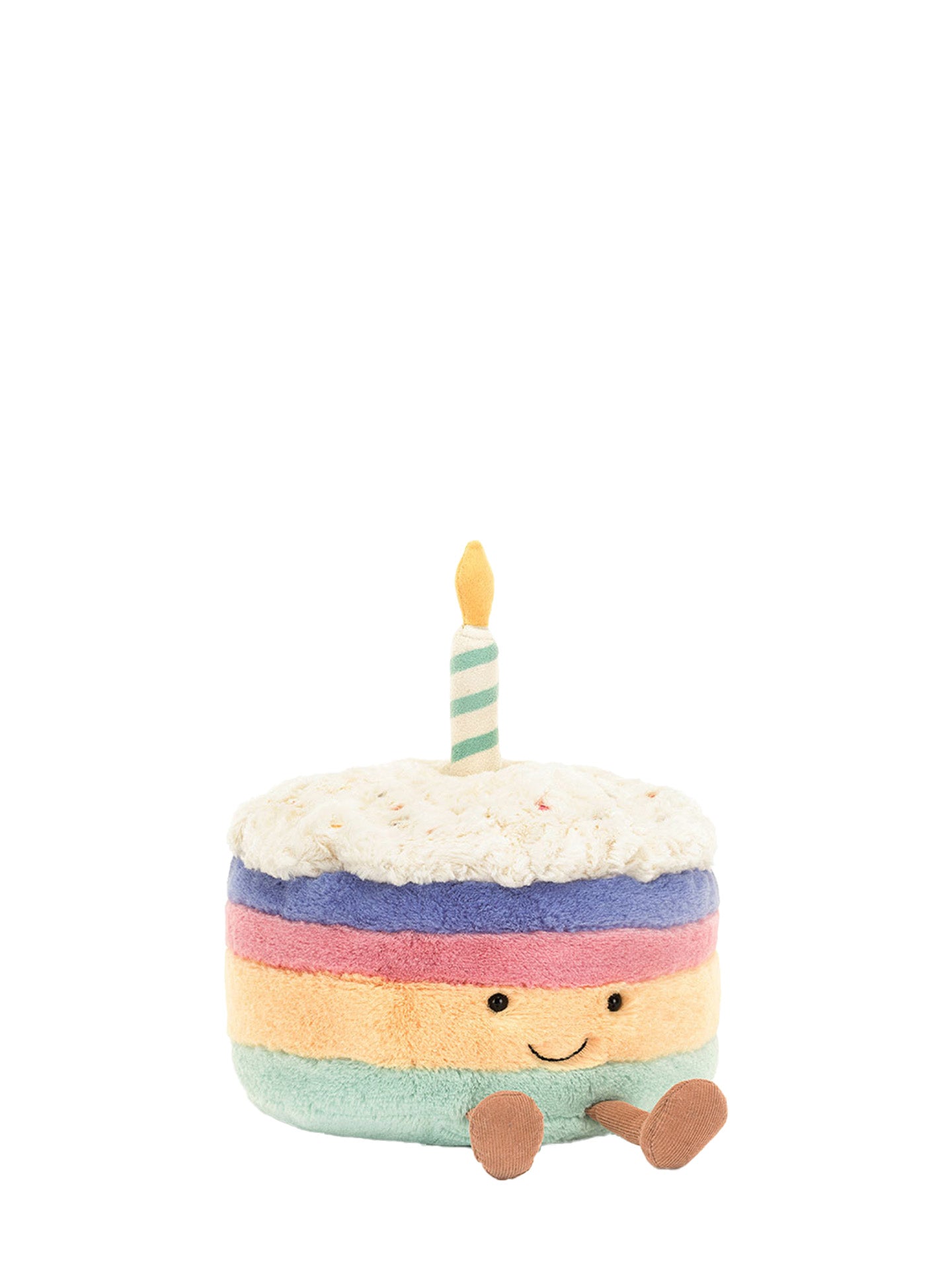 Plush toy cake with a candle on a white background