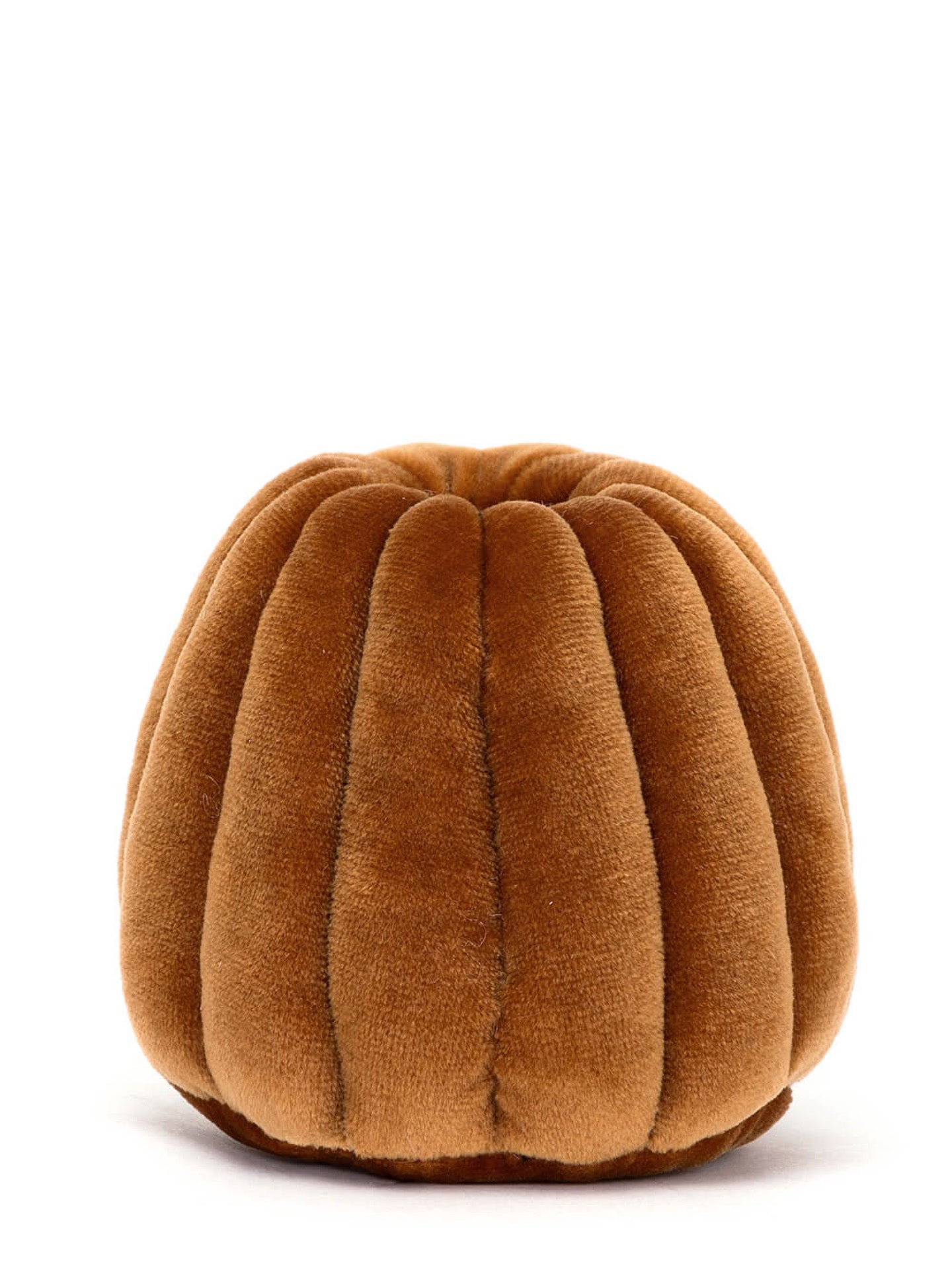 Brown textured soft toy shaped like a cake on a white background
