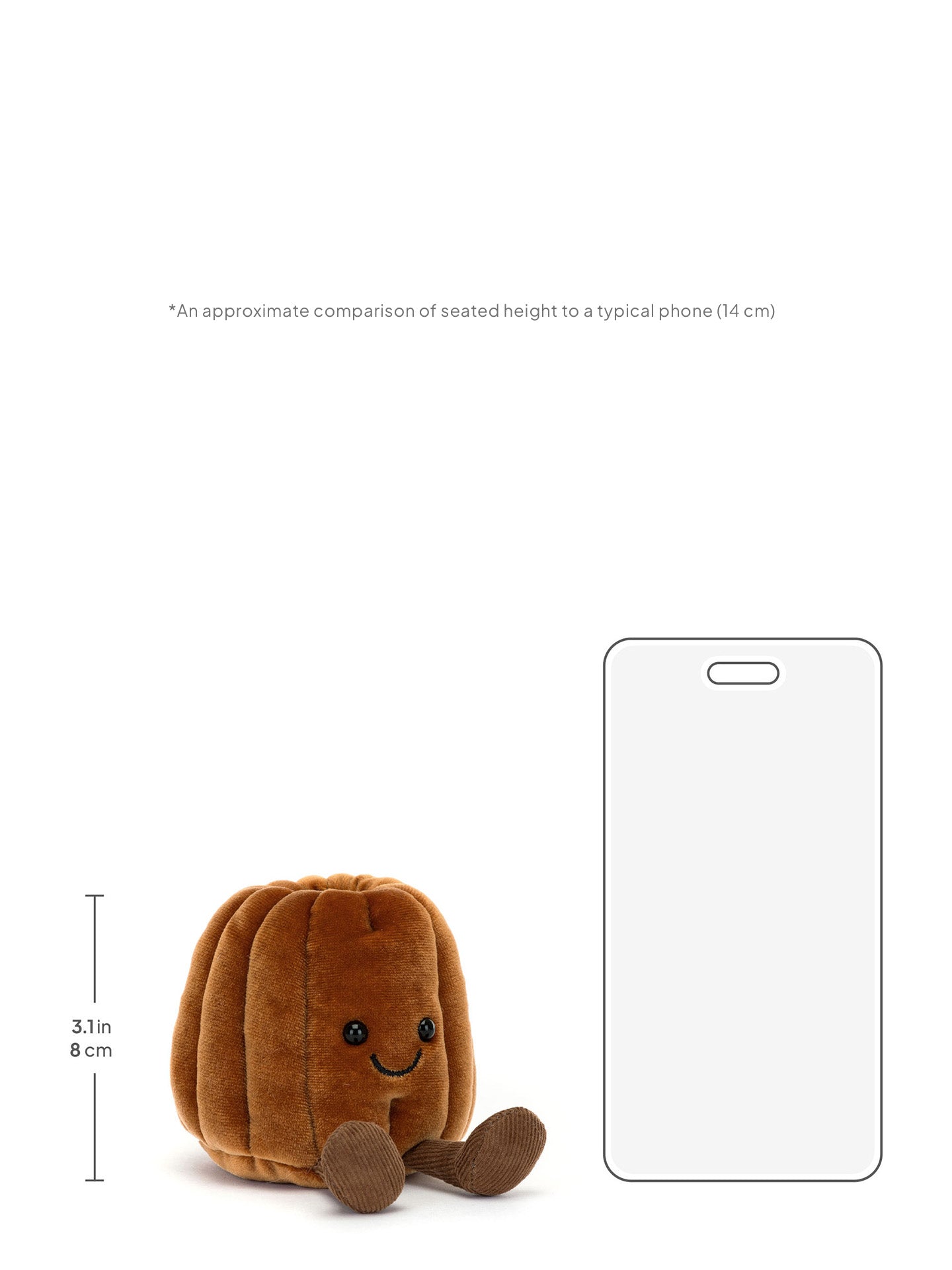 Small brown plush toy with a typical smart phone for size comparison on a white background
