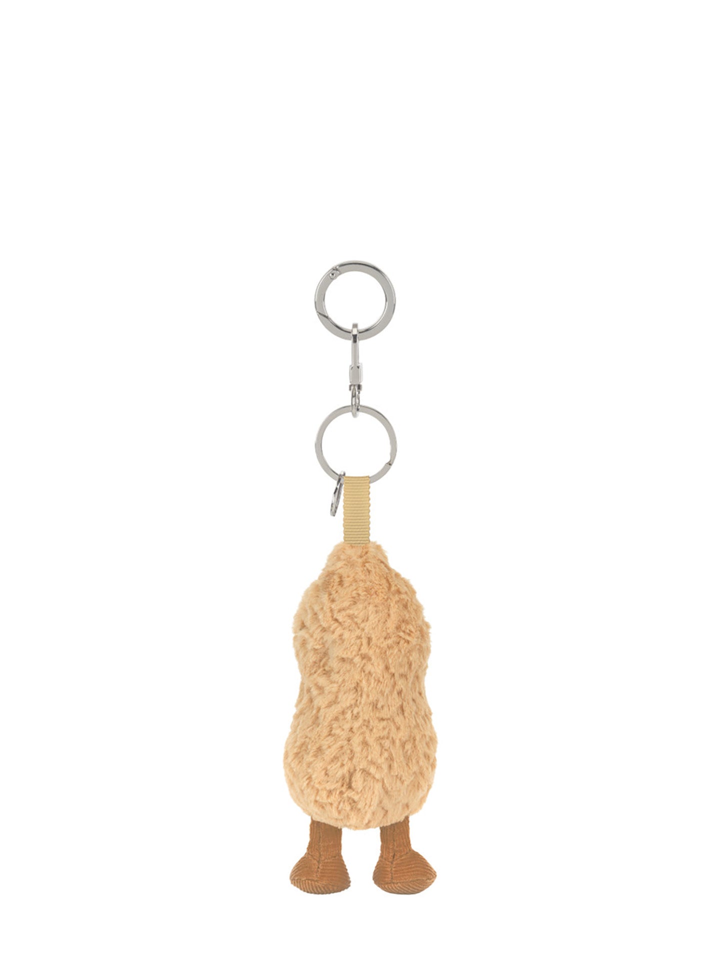 A plush keychain shaped like a small stuffed animal or character, with a fuzzy tan body, dangling brown feet, and silver metal key ring on a plain white background.