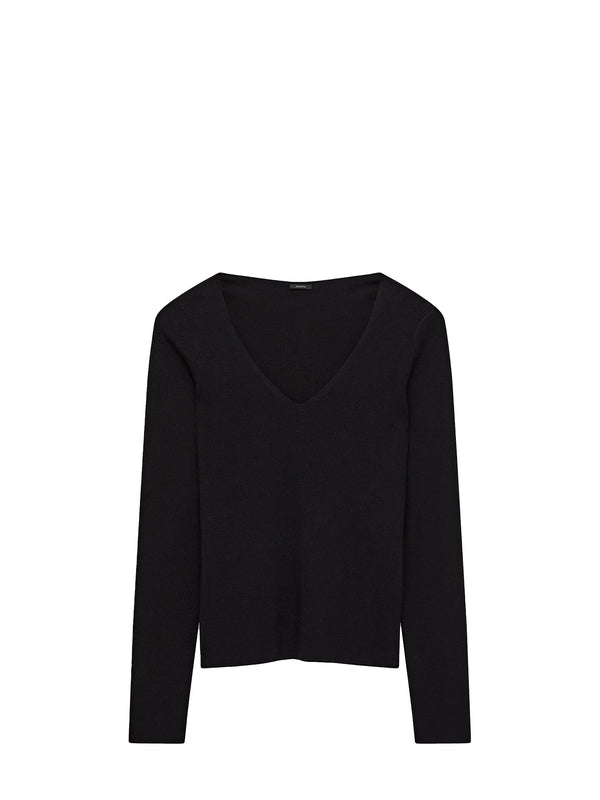 Silk Stretch V Neck Top, Black