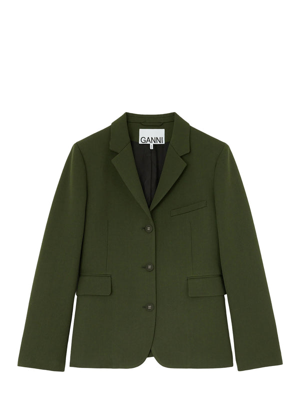 An olive green blazer by GANNI, featuring a three-button front closure, notched lapels, and flap pockets, displayed on a clean white background.