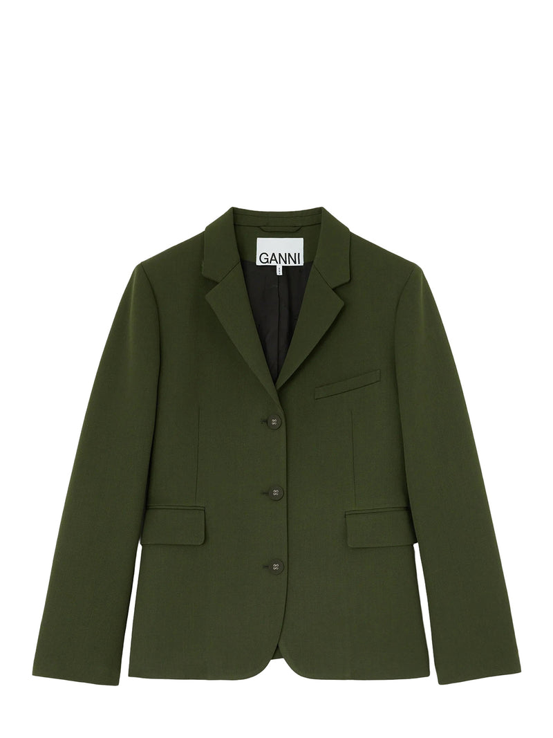 An olive green blazer by GANNI, featuring a three-button front closure, notched lapels, and flap pockets, displayed on a clean white background.