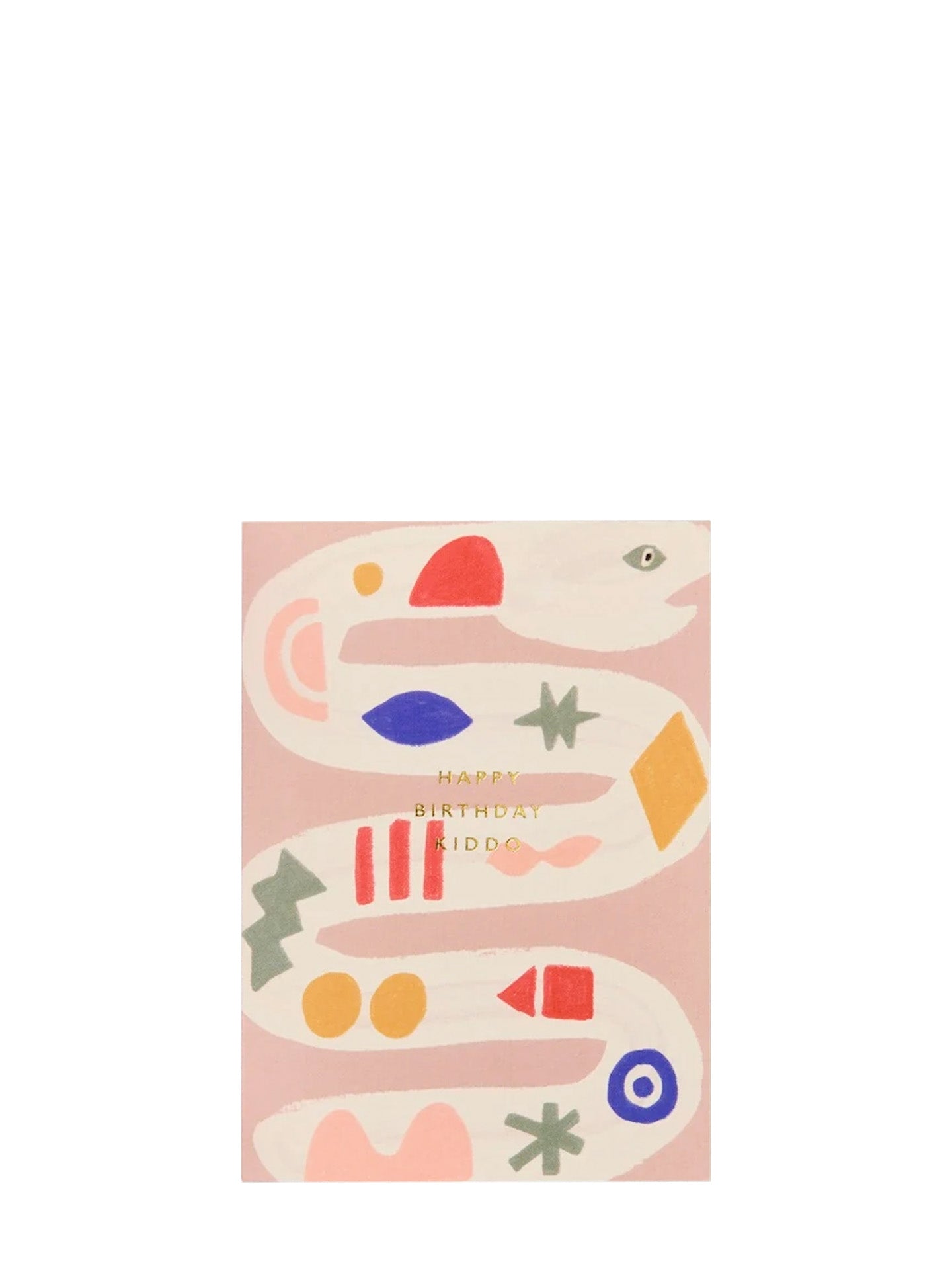 A rectangular greeting card featuring a playful modernist snake illustration in pastel pink, cream, red, blue, yellow, and green, with the text 'HAPPY BIRTHDAY KIDDO' in gold lettering at the center