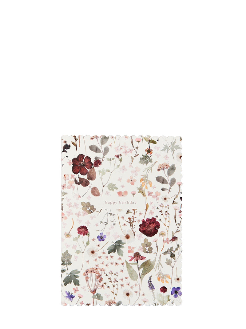 Floral birthday card with 'Happy Notebook' text on a white background