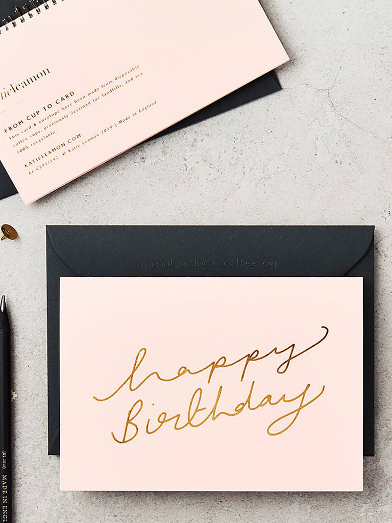 Gold on pink cursive birthday card, Extract collection