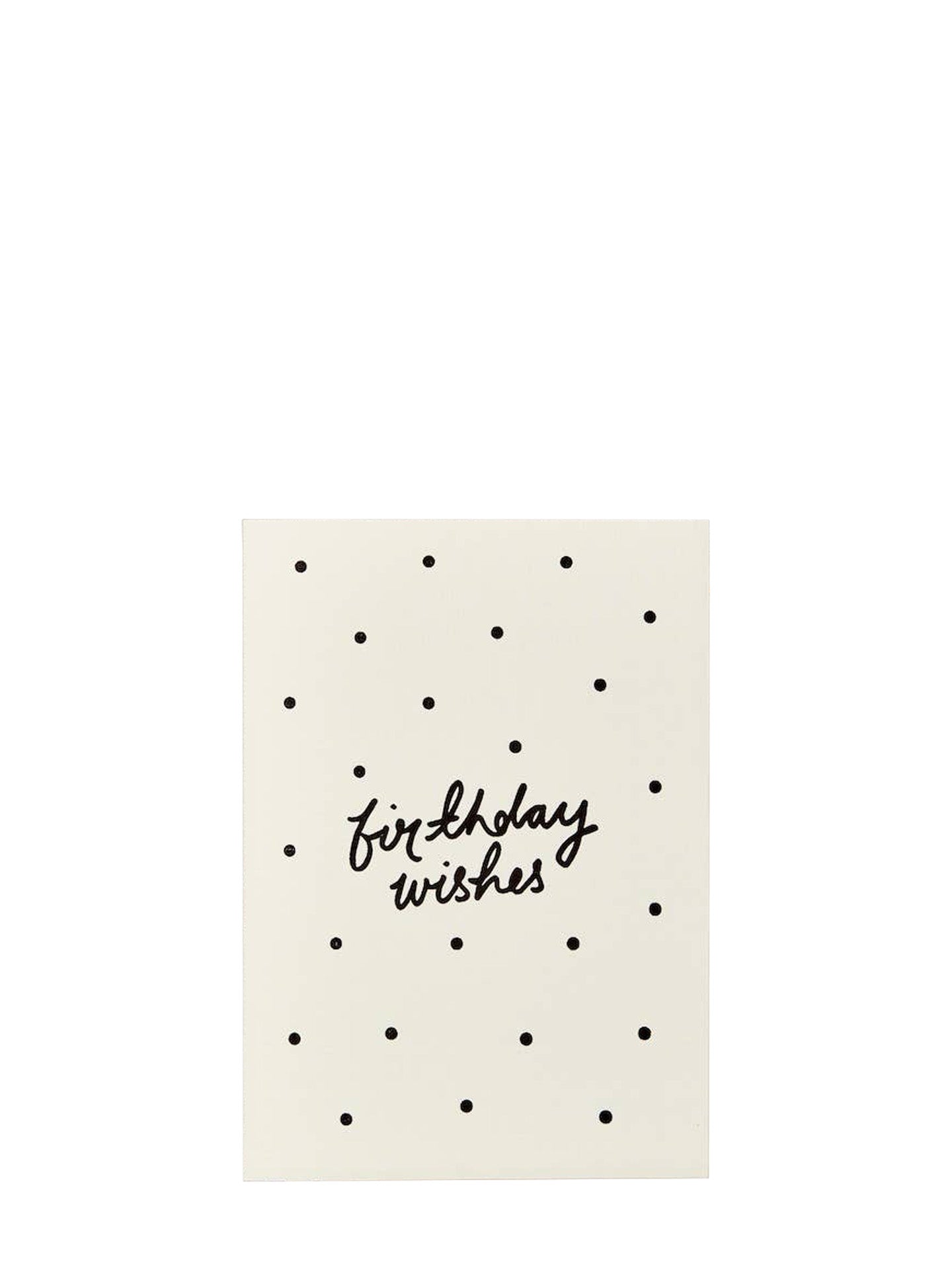 A cream-coloured greeting card with a black polka dot pattern and the words 'birthday wishes' written in black cursive script in the center, shown against a plain white background.