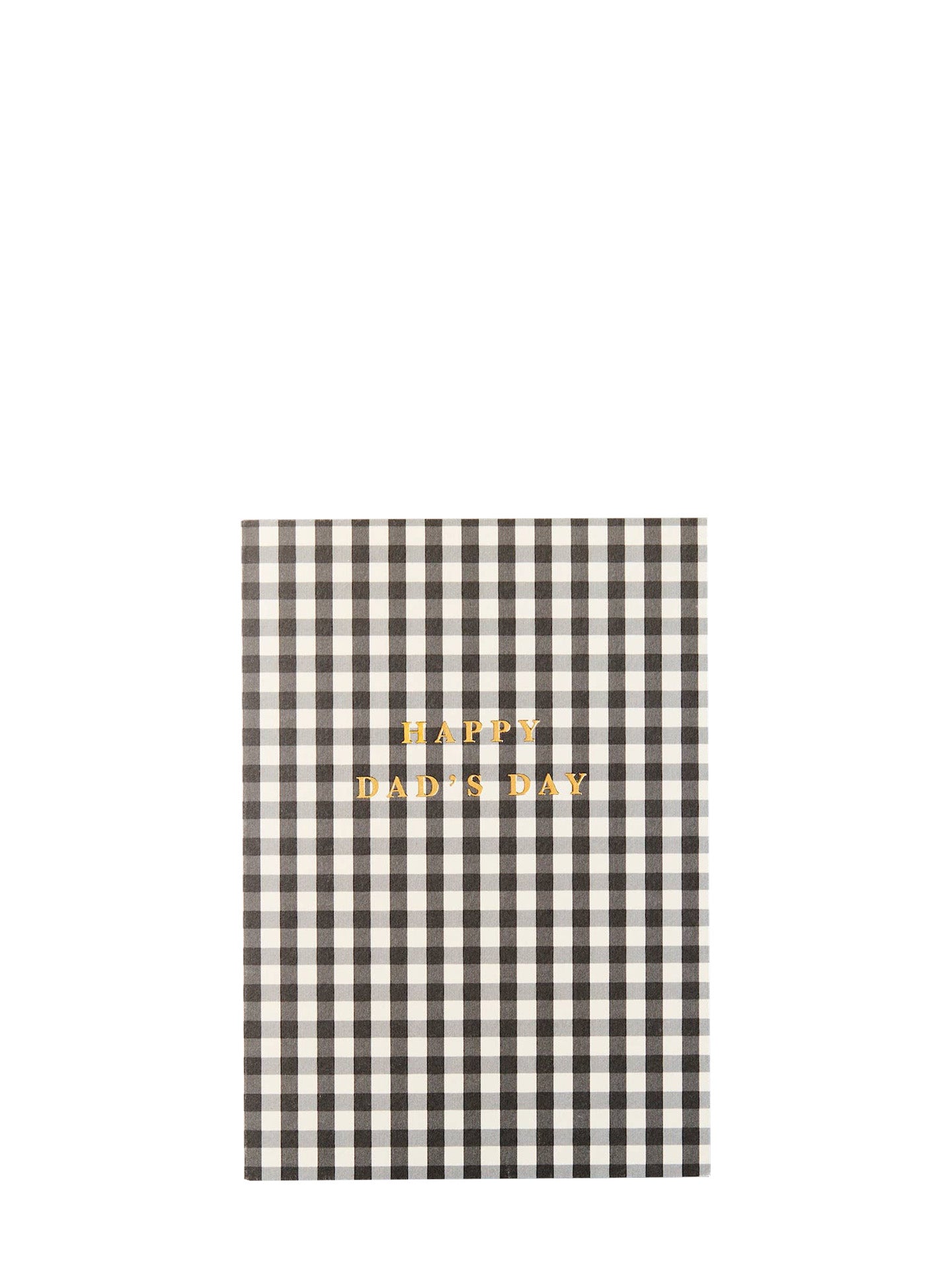 Father's day card with a brown and white gingham checkered pattern and gold foil text reading 'HAPPY DAD'S DAY' in the center, shown on a plain white background.