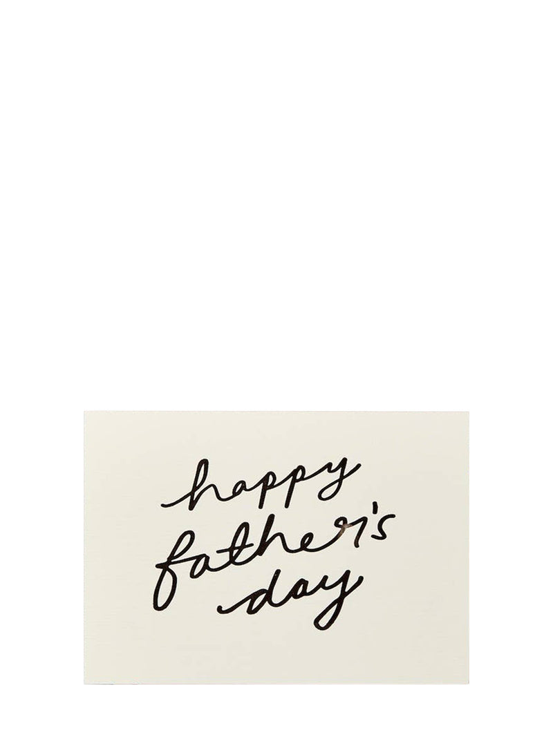 A minimalist cream-colored greeting card with 'happy father's day' written in black cursive script, shown against a solid white background.