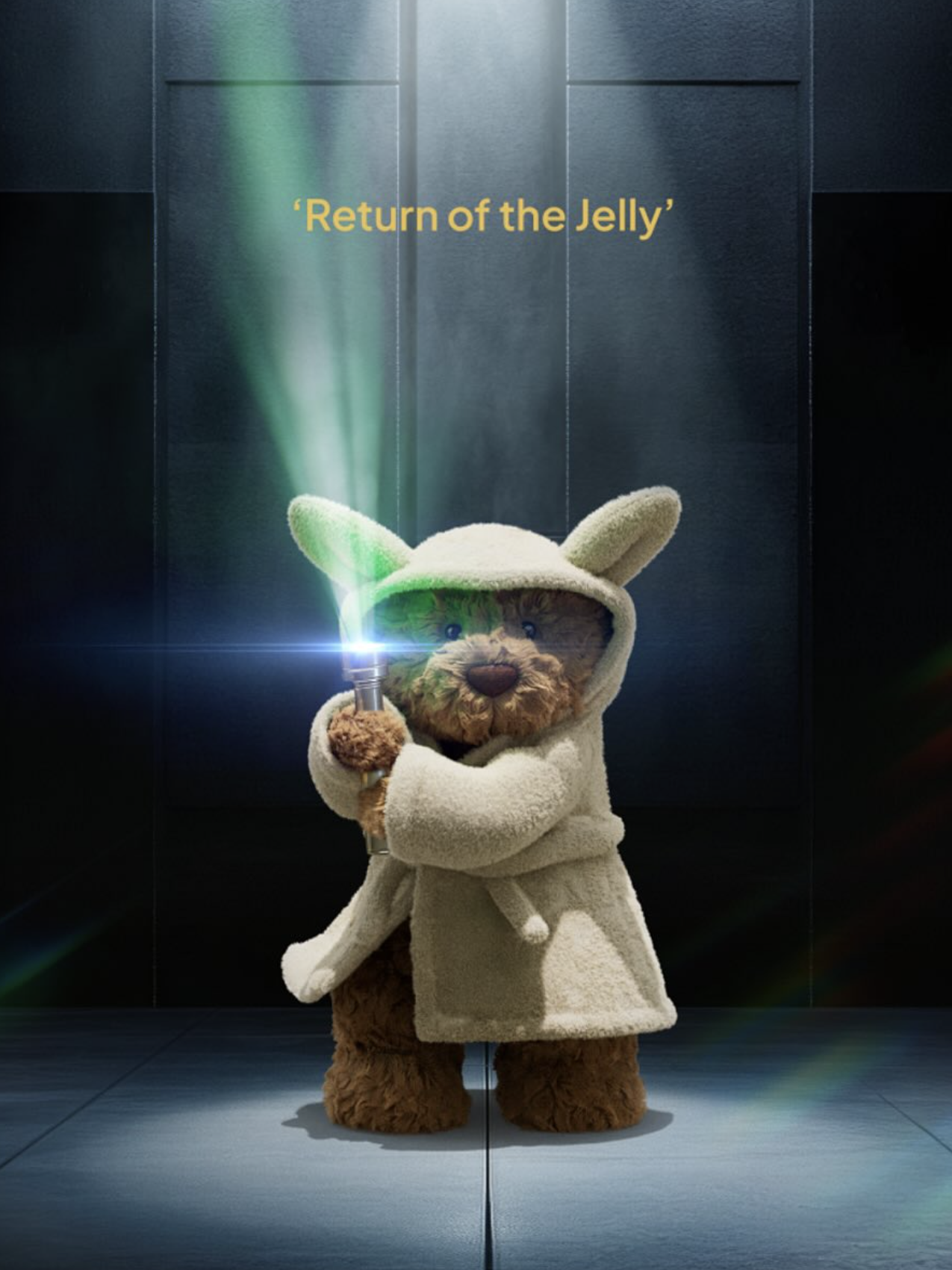Teddy bear in a bathrobe a light saber with text 'Return of the Jelly' on a dark background