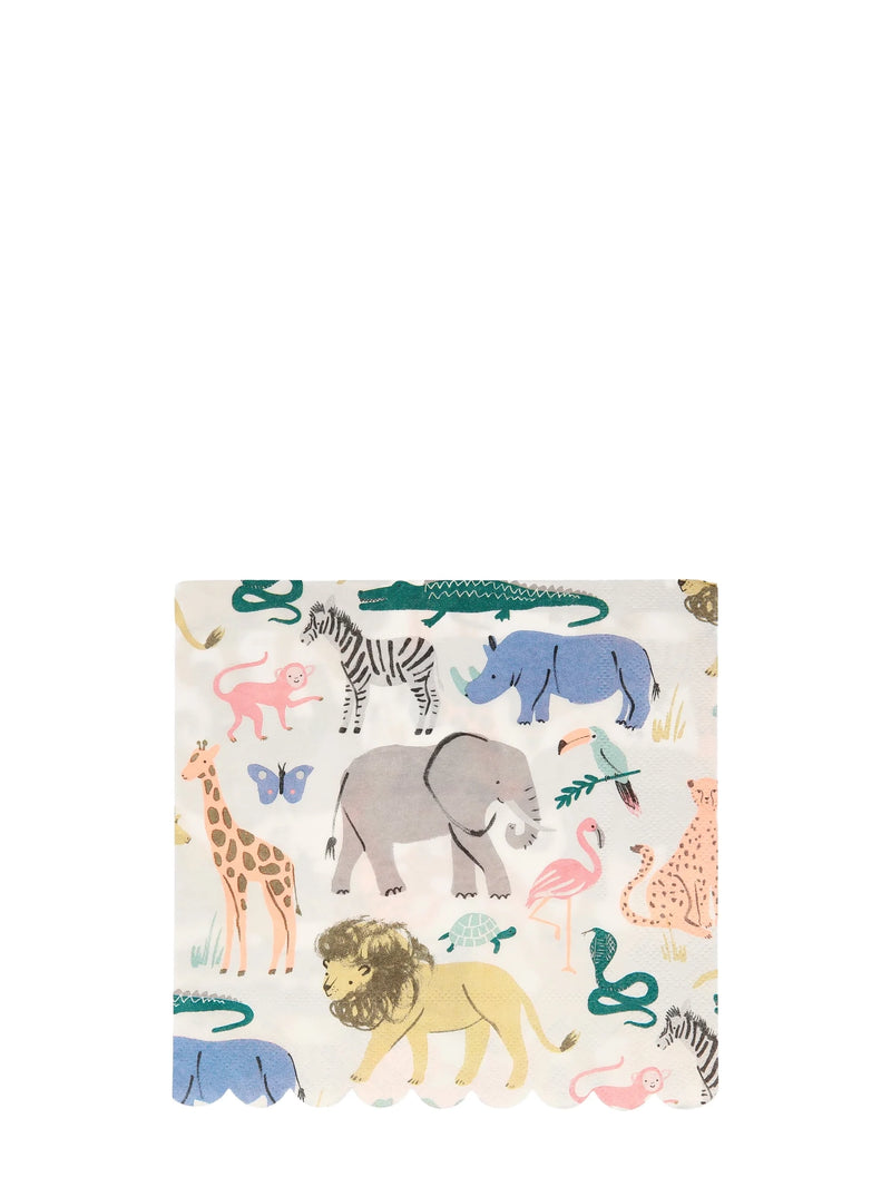 Paper napkin with colorful animal pattern on a white background