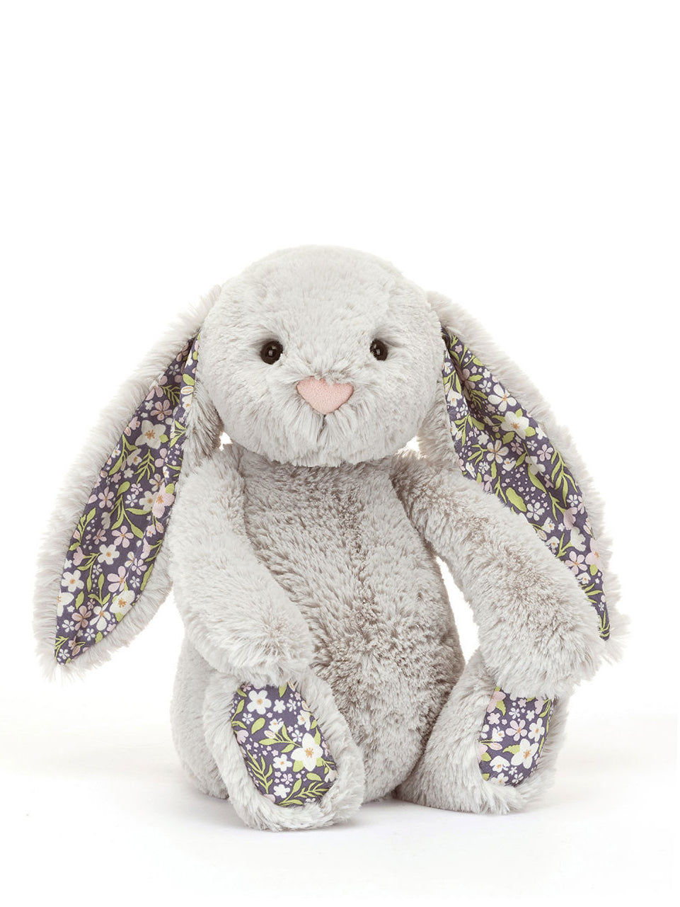 Floral-patterned gray bunny toy on a white background
