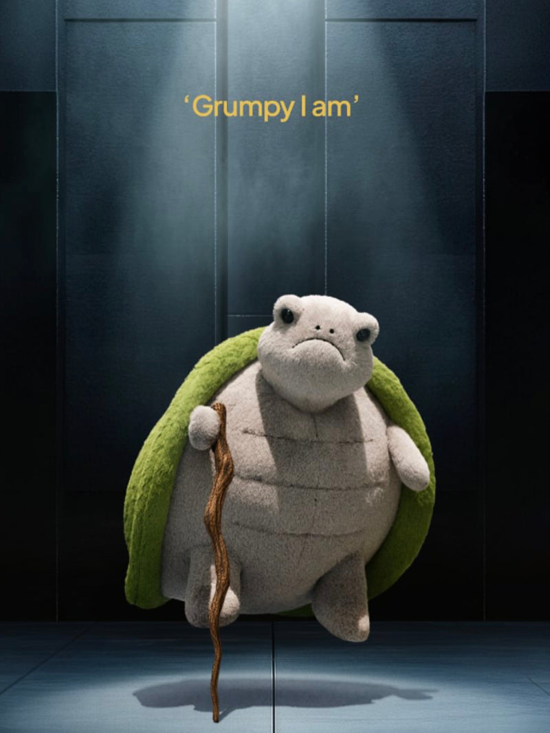 Plush turtle toy on a dark background with text 'Grumpy I am'.