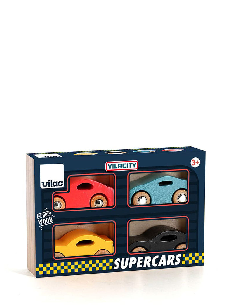 Box of Vilac wooden toy cars on a white background