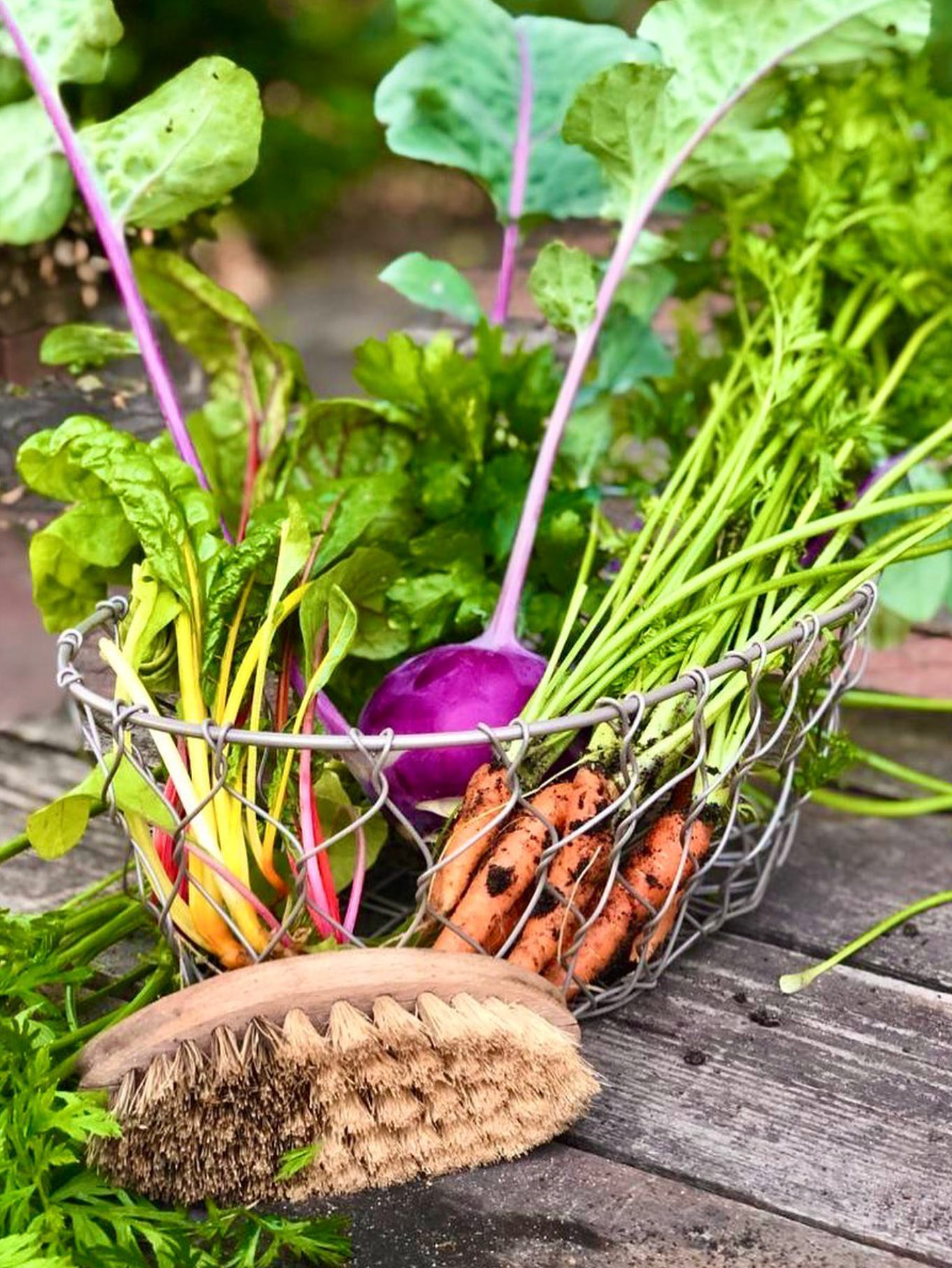 Basket of fresh vegetables including a purple radish and carrots, with a brush on a wooden surface.