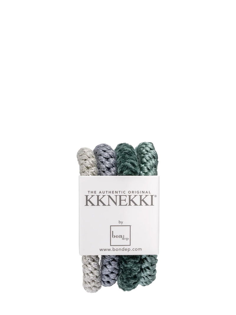 A set of four braided hair bands, 3 in shiny braid and one in soft velvet surface braid. The colours are light silver, cool steel grey, velvety suede type in forest green, and muted seafoam or celadon green, wrapped in a white paper band labeled 'KKNEEKKI' by bondep.