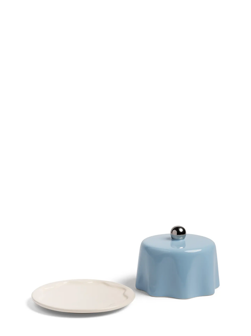 Tavola ceramic white serving plate w/  blue lid