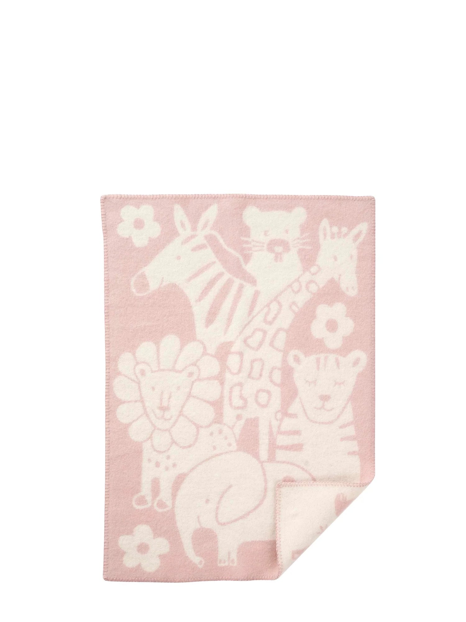 Muted, soft light pink blanket has a happy group of animals and floral patterns with ivory white wool on a white background.