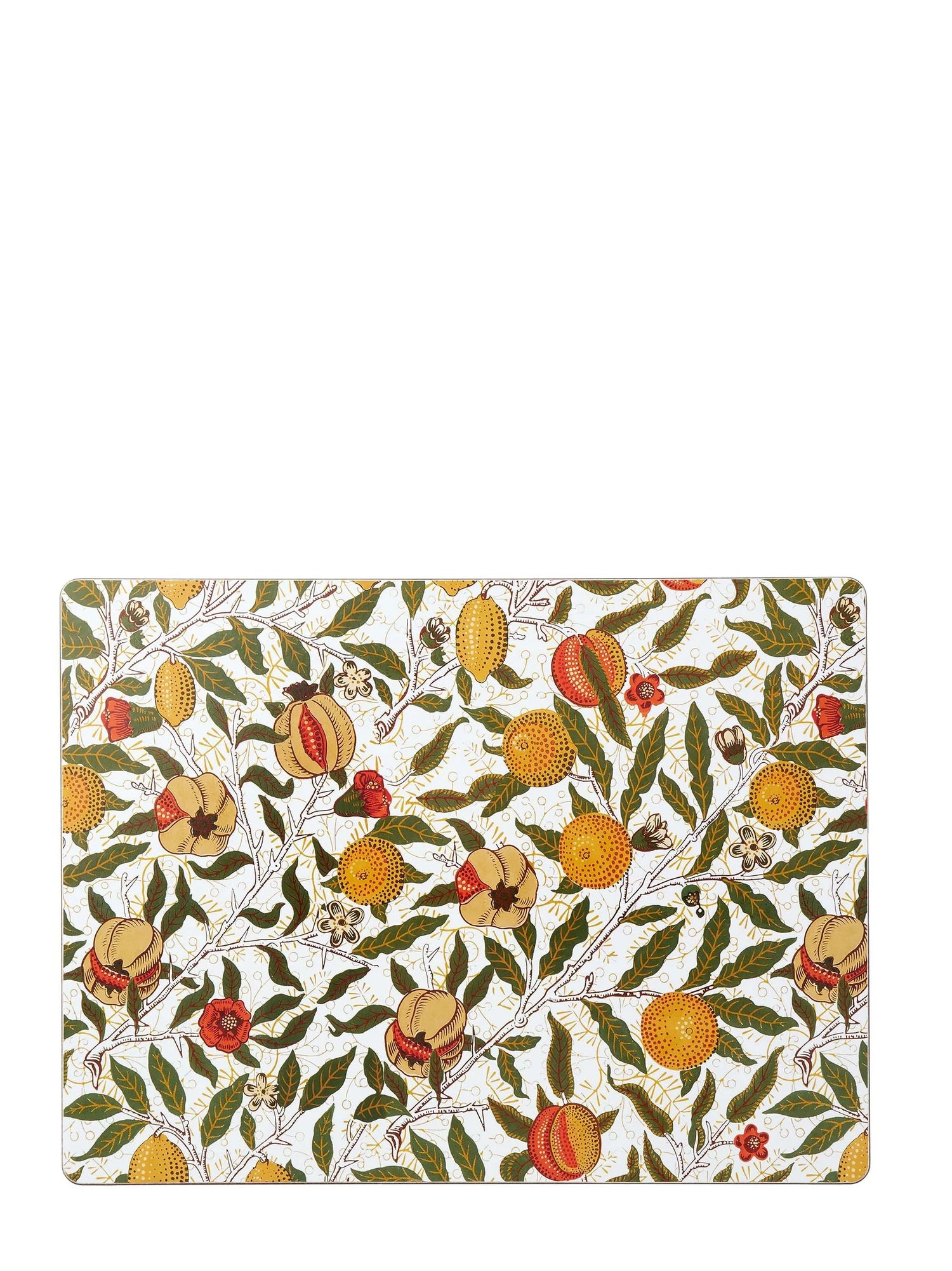 A rectangular table mat with a floral and fruit pattern in muted colors on a light background.