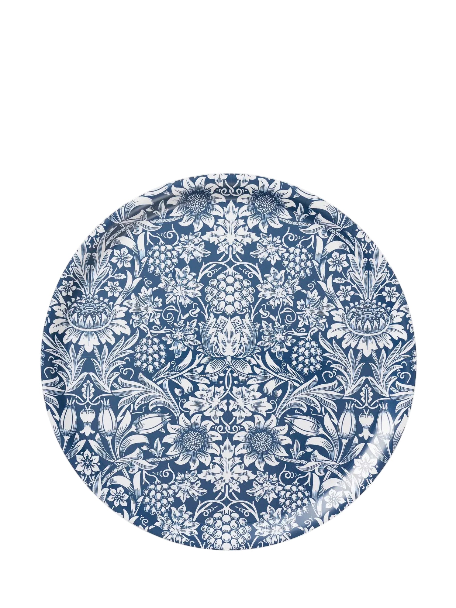 Round blue and white floral patterned product on a white background