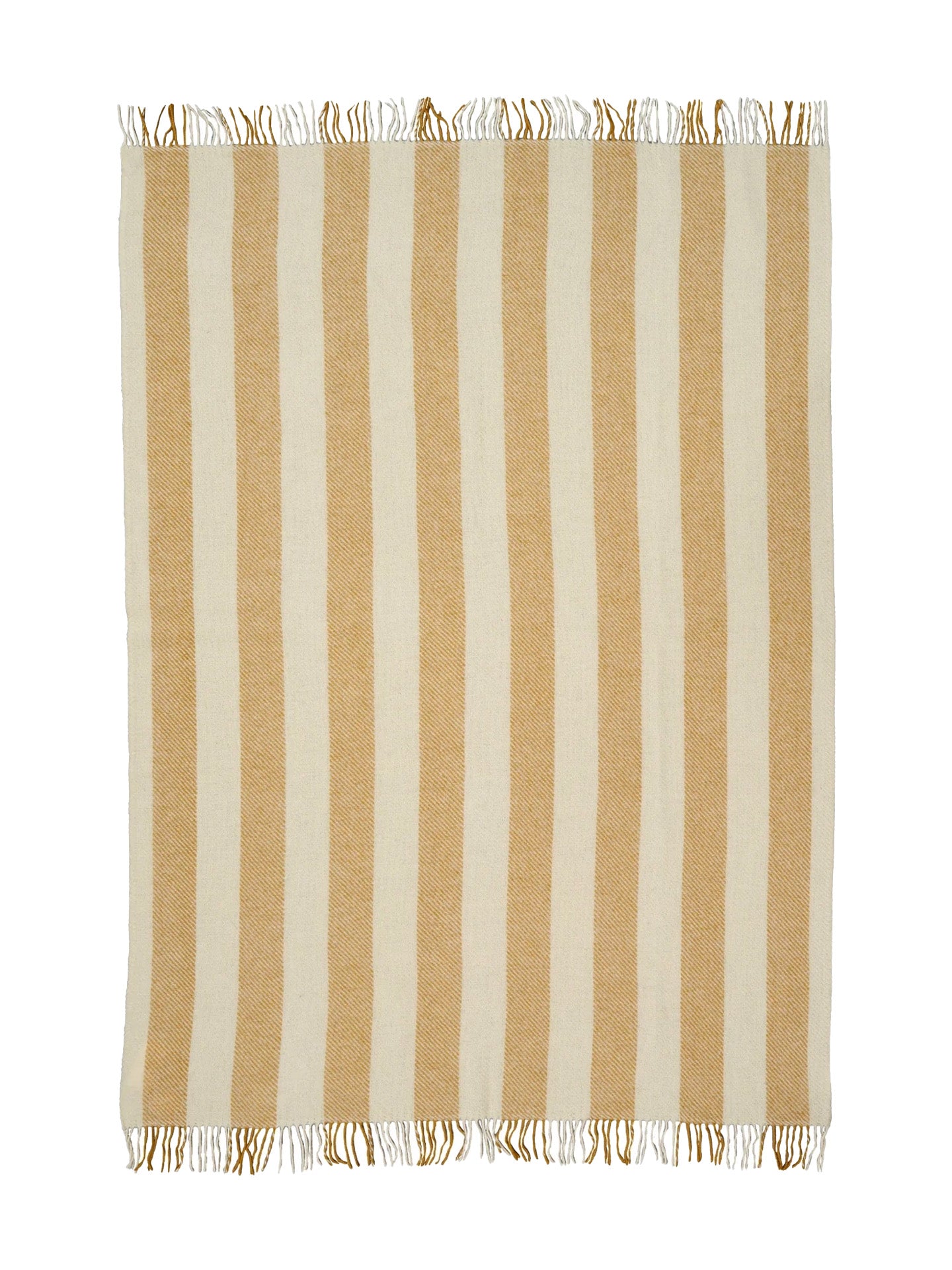 Striped throw with mustard and white stripes on a white background