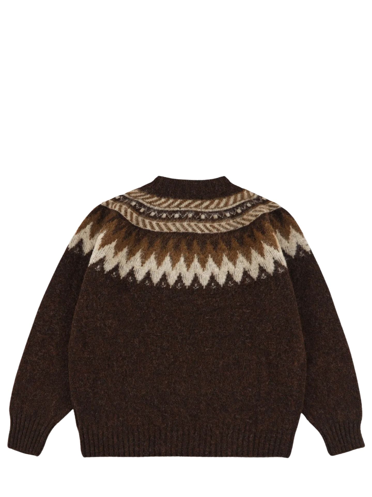 Brown knitted sweater with a patterned collar on a white background