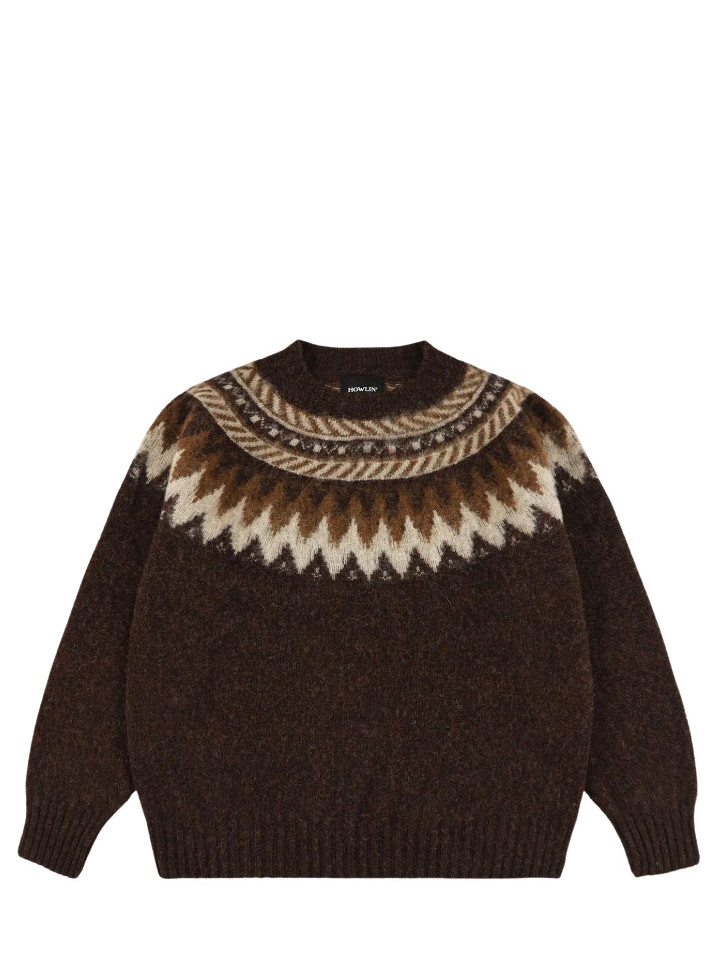 Brown sweater with a patterned neckline on a white background