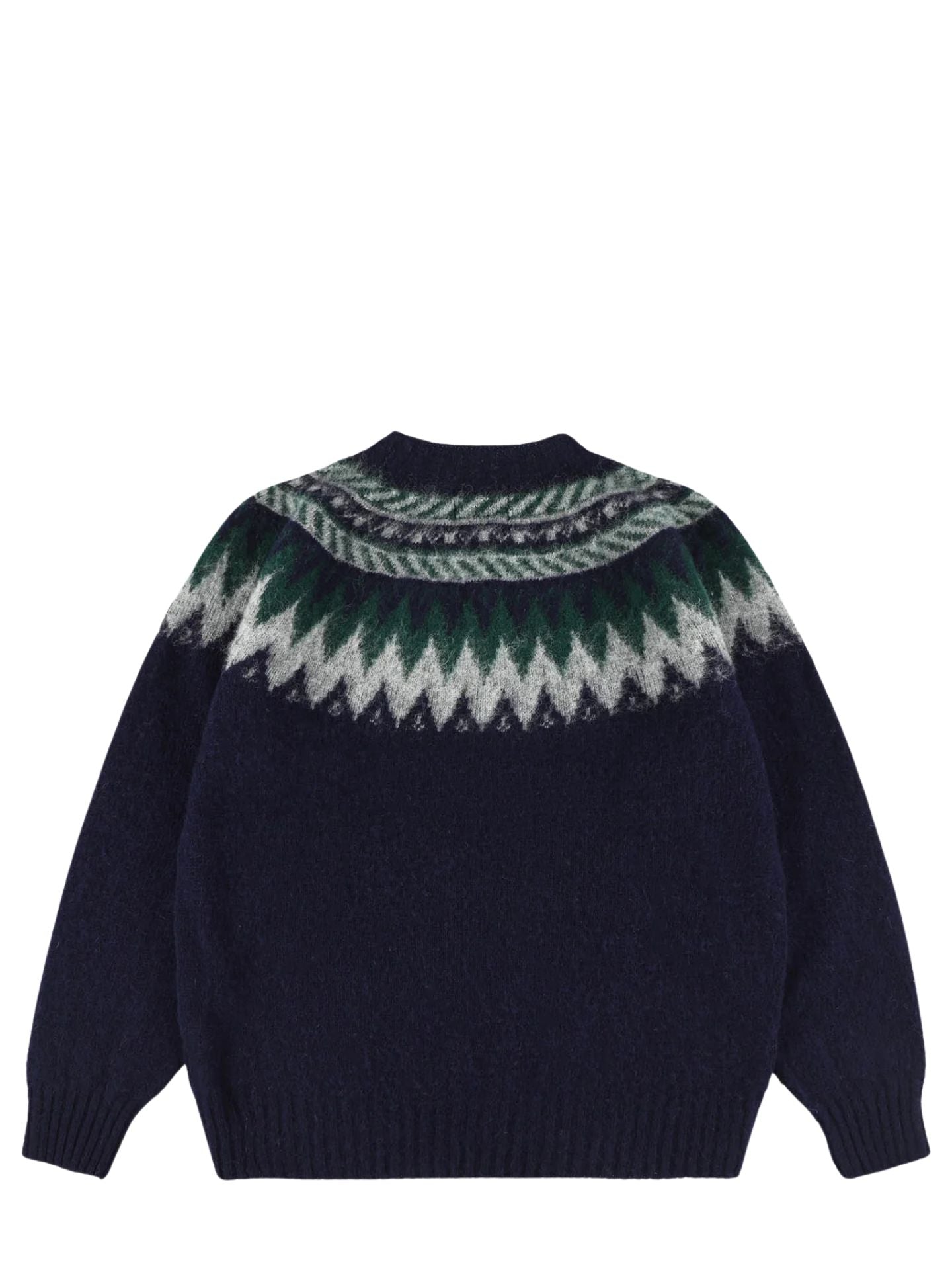 Navy blue sweater with green and white pattern on the back against a white background