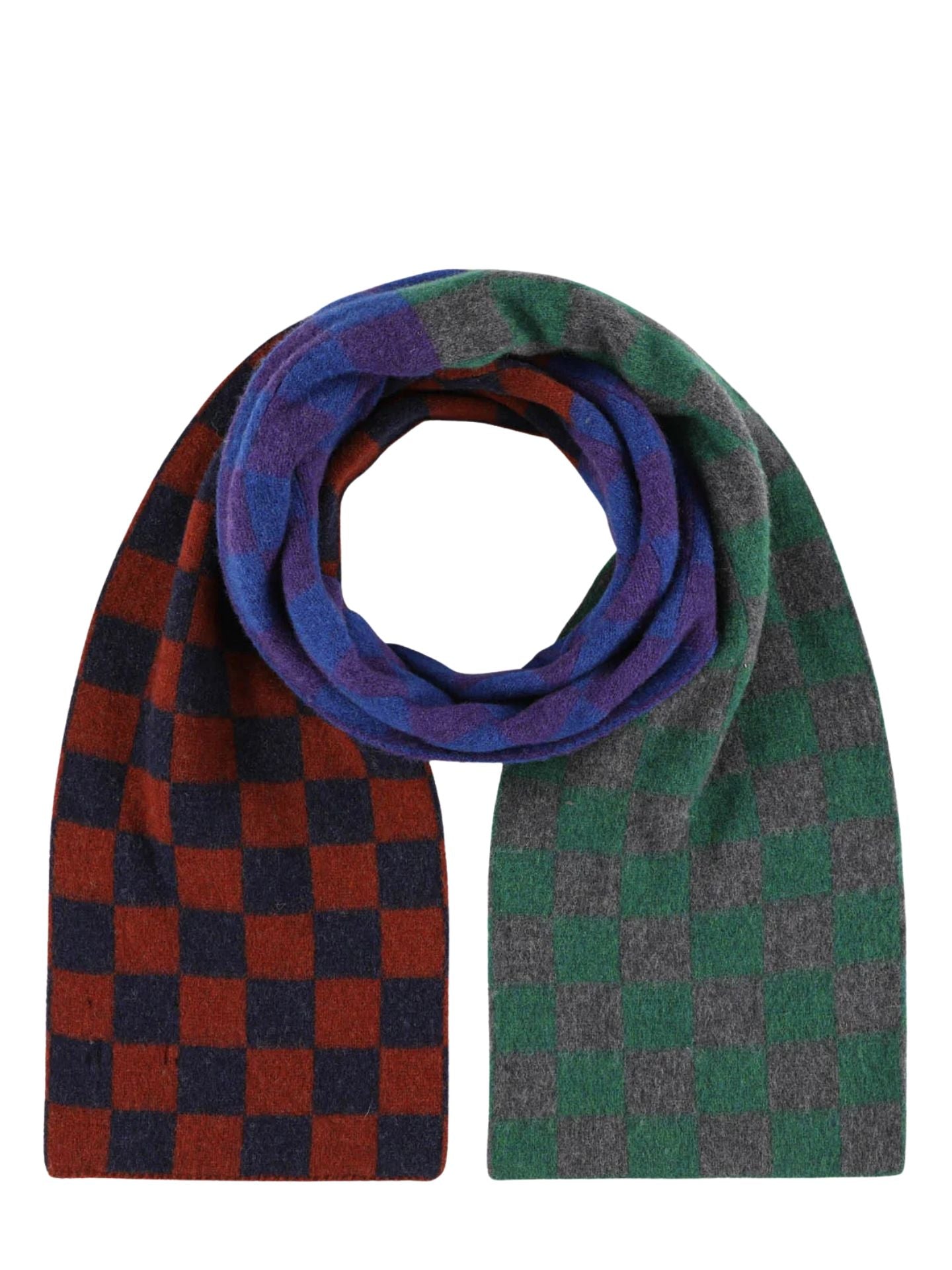 Checkered scarf, one red and blue, the other green and gray side, on a white background.
