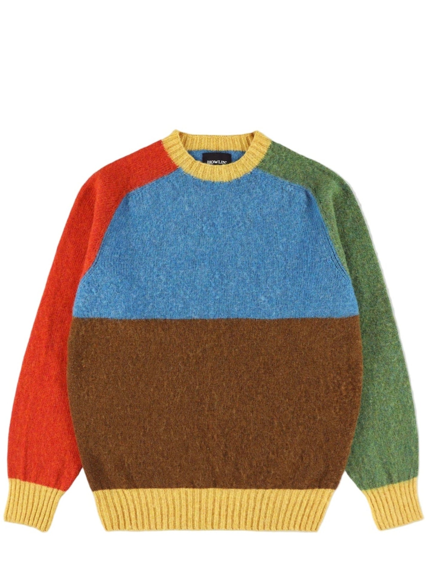 Color-blocked sweater with red, blue, brown, and green sections on a light gray background