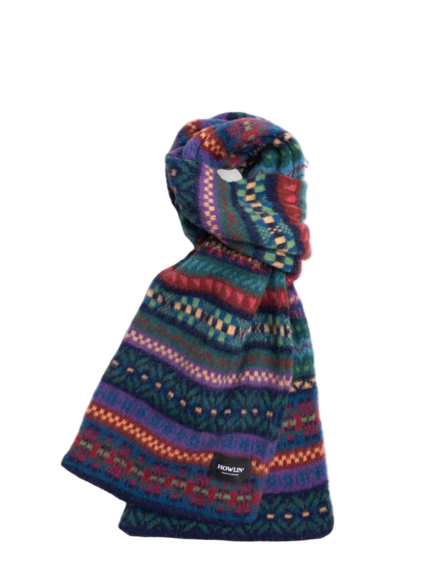 Multicolored patterned scarf on a light gray background