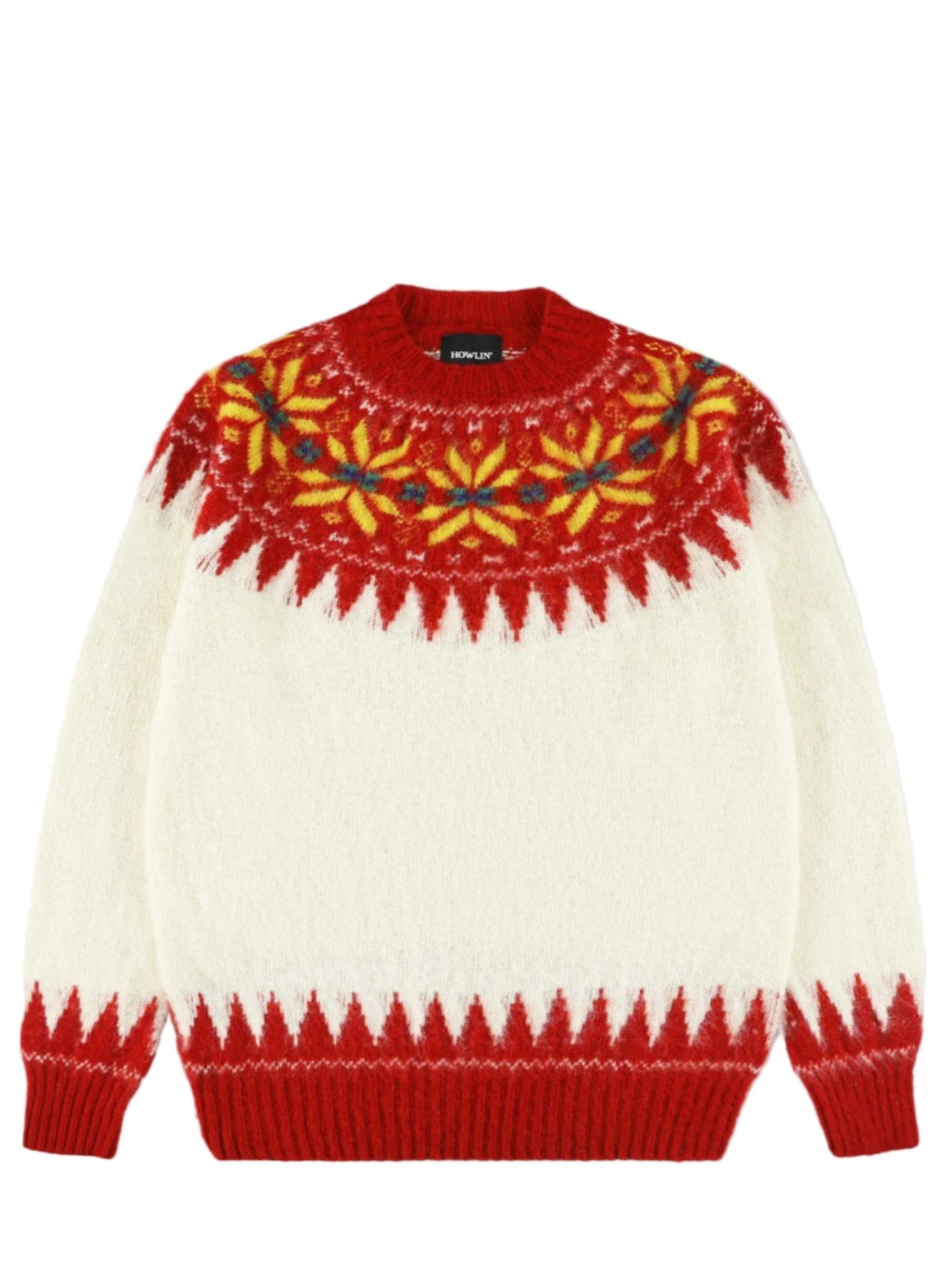 Knitted sweater with red and yellow pattern on a light gray background