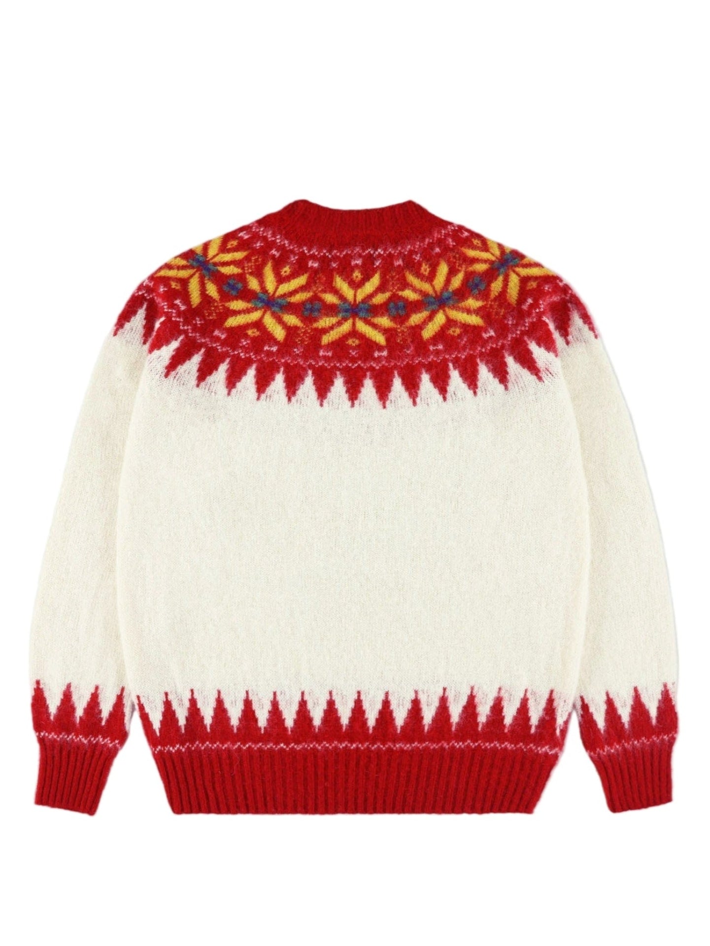 Knitted sweater with red and yellow pattern on a light gray background