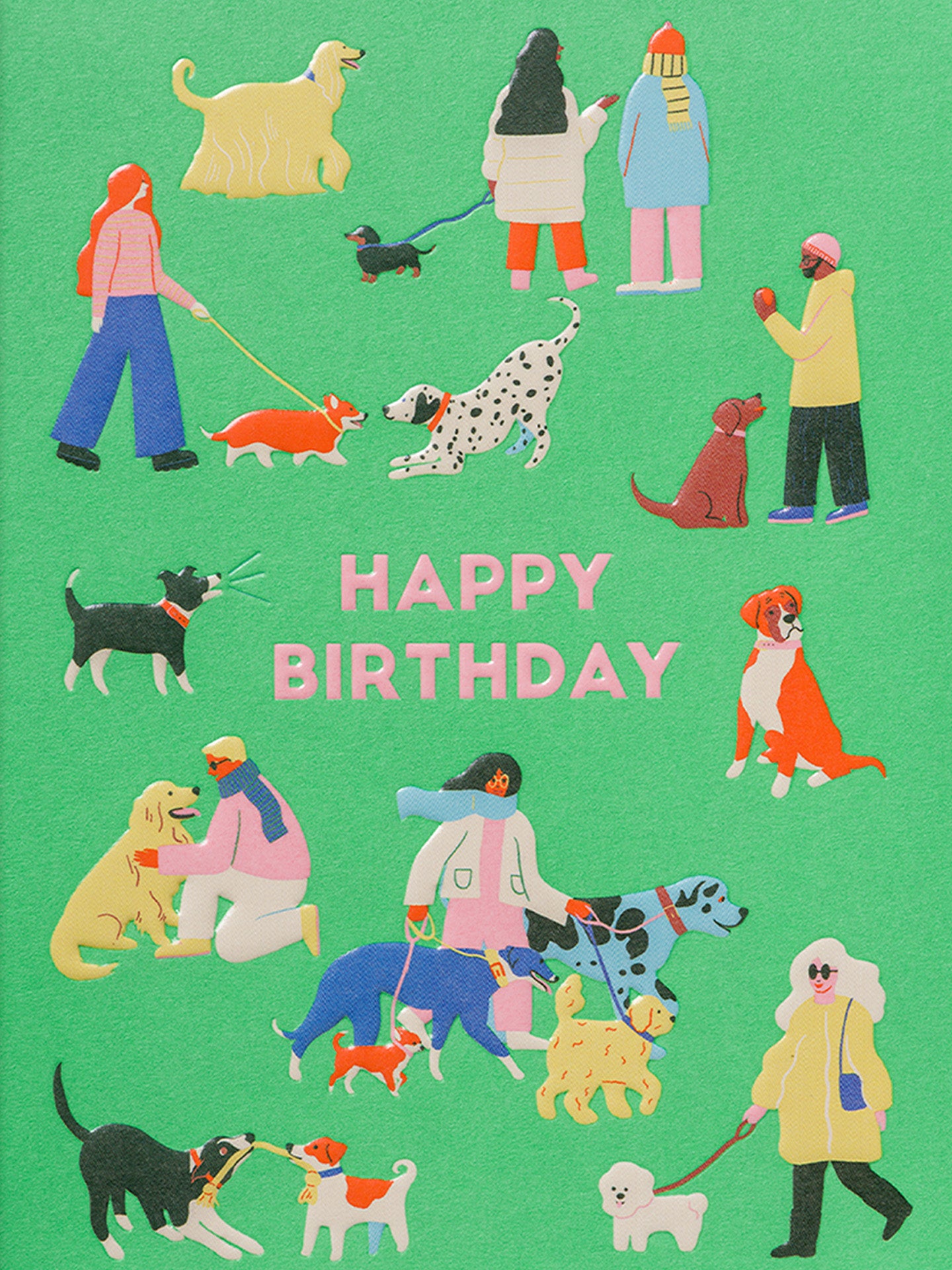 Dogs & People green illustrated birthday card by Naomi Wilkinson