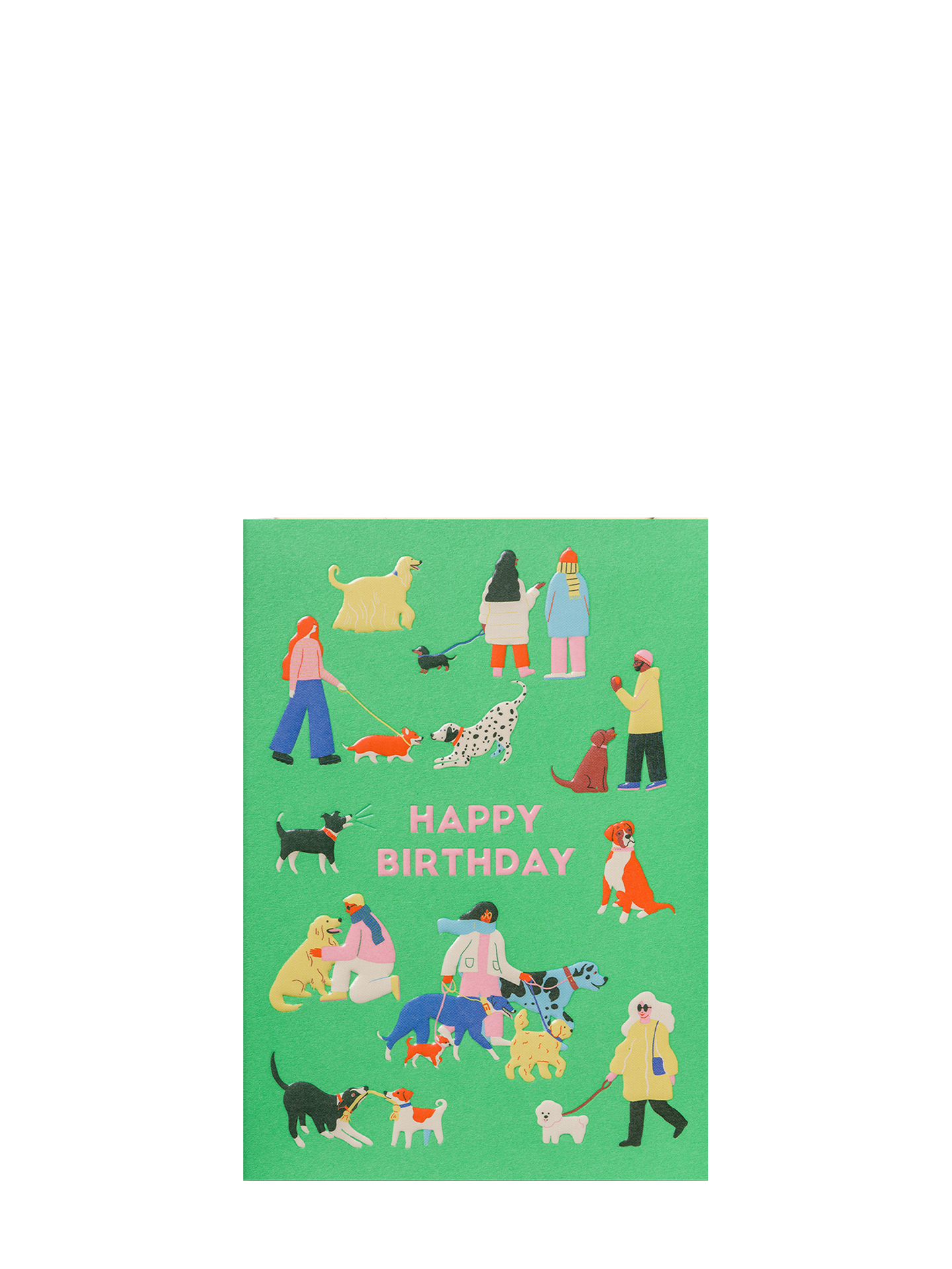 Dogs & People green illustrated birthday card by Naomi Wilkinson