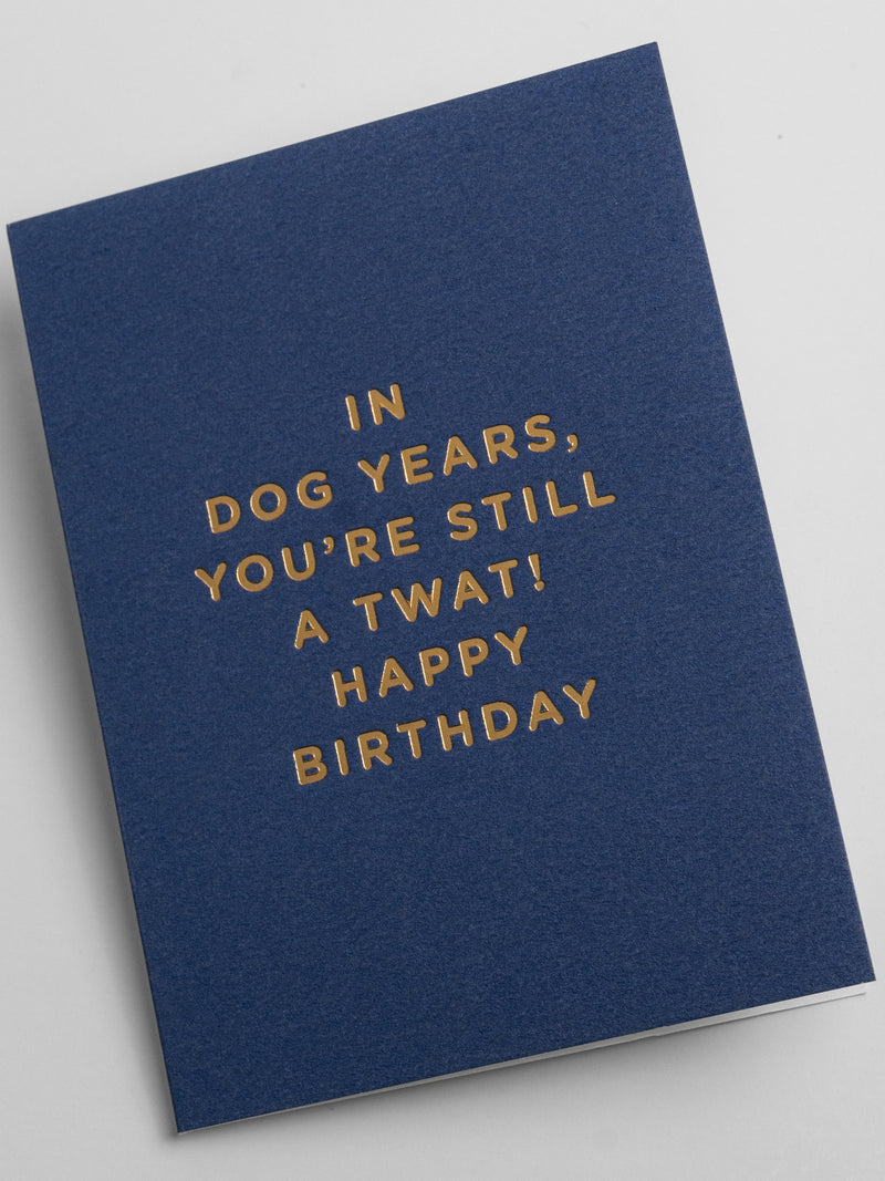 Dog years still a twat navy blue mini birthday card