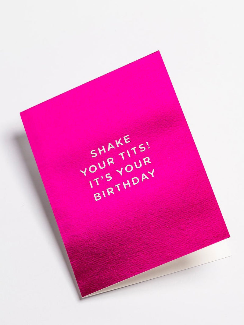 Shake tits shiny pink mini birthday card