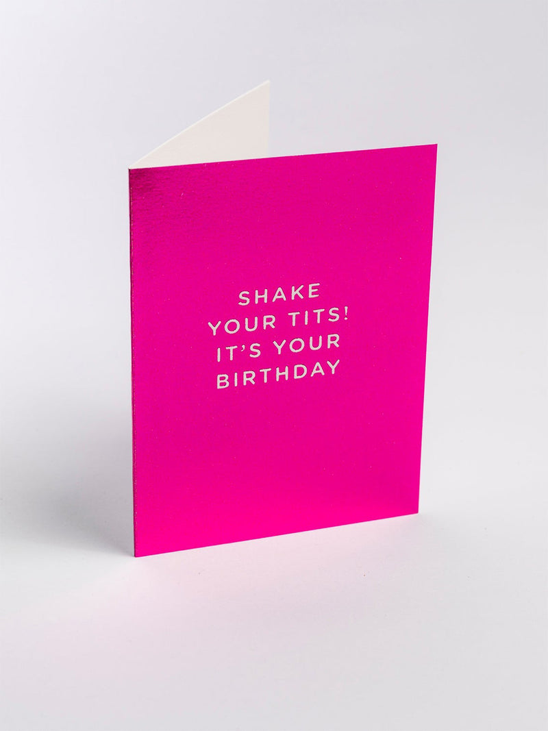 Shake tits shiny pink mini birthday card
