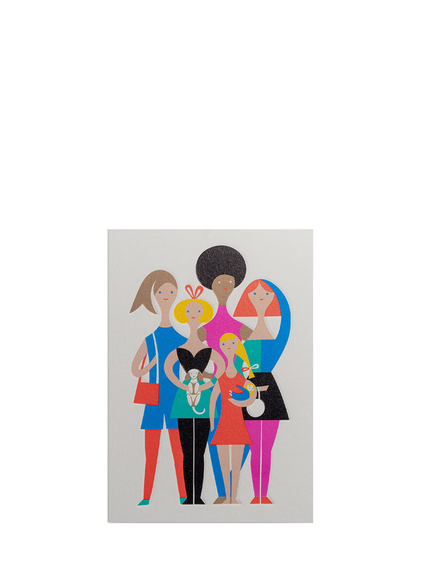 Colorful illustration of five women, baby & puppy 
