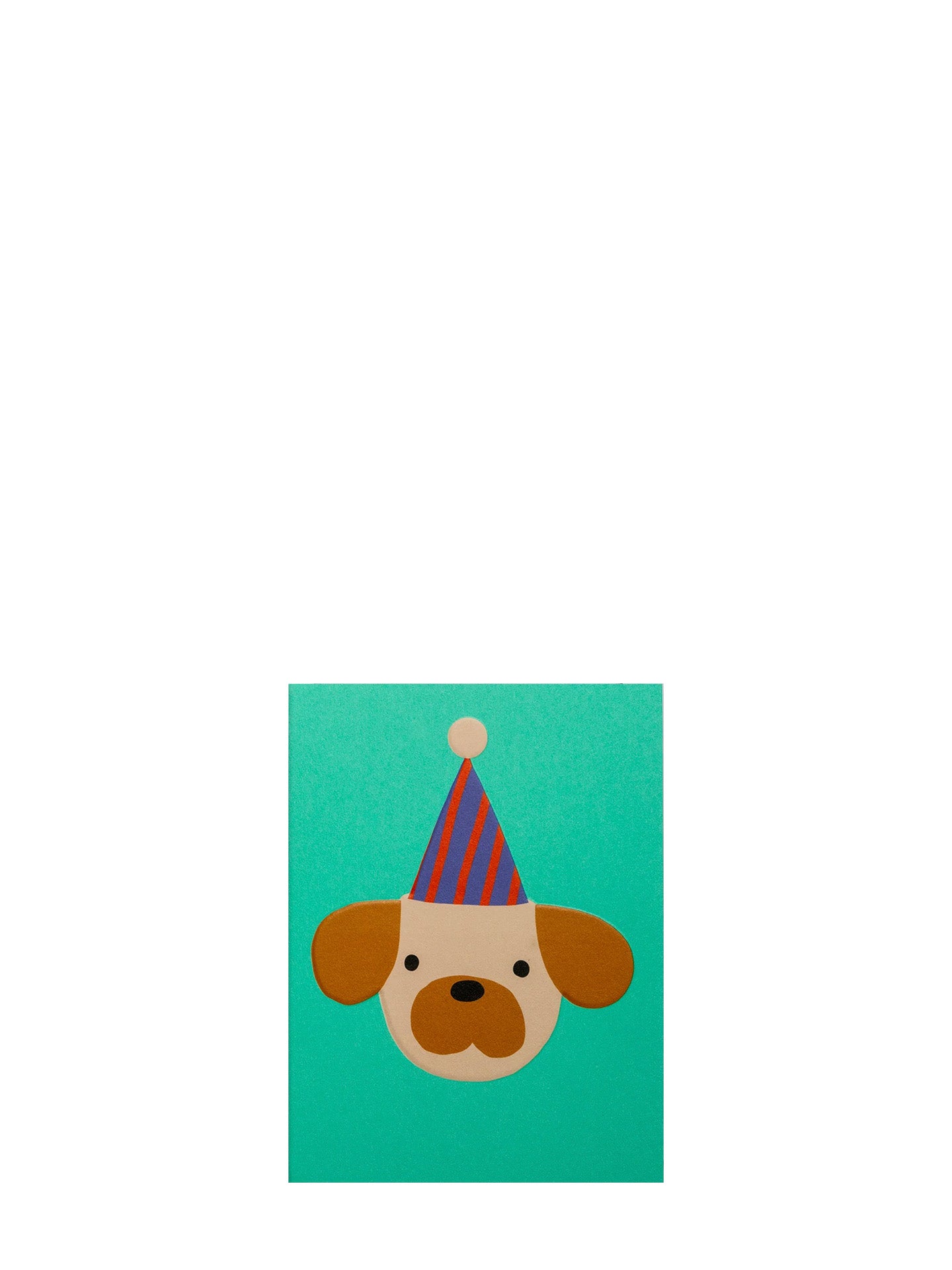 Mini greeting card with a dog wearing a party hat on a green background