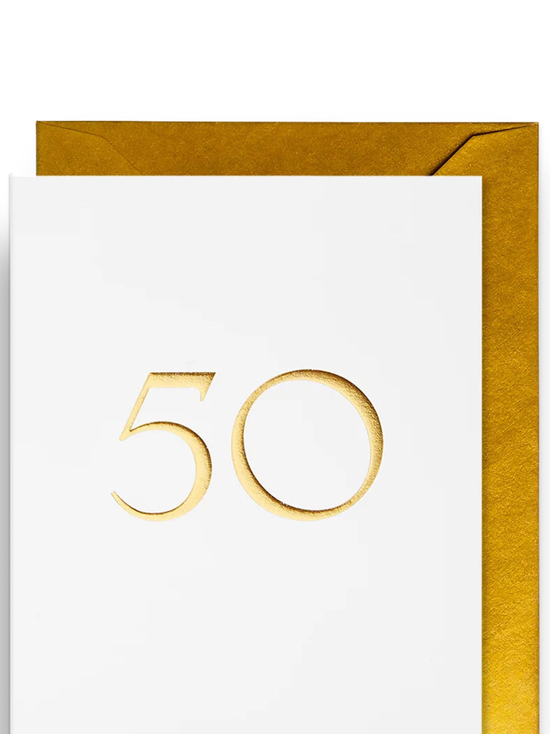 Milestone greeting card with gold number '50' and golden metallic shining envelope on a white background