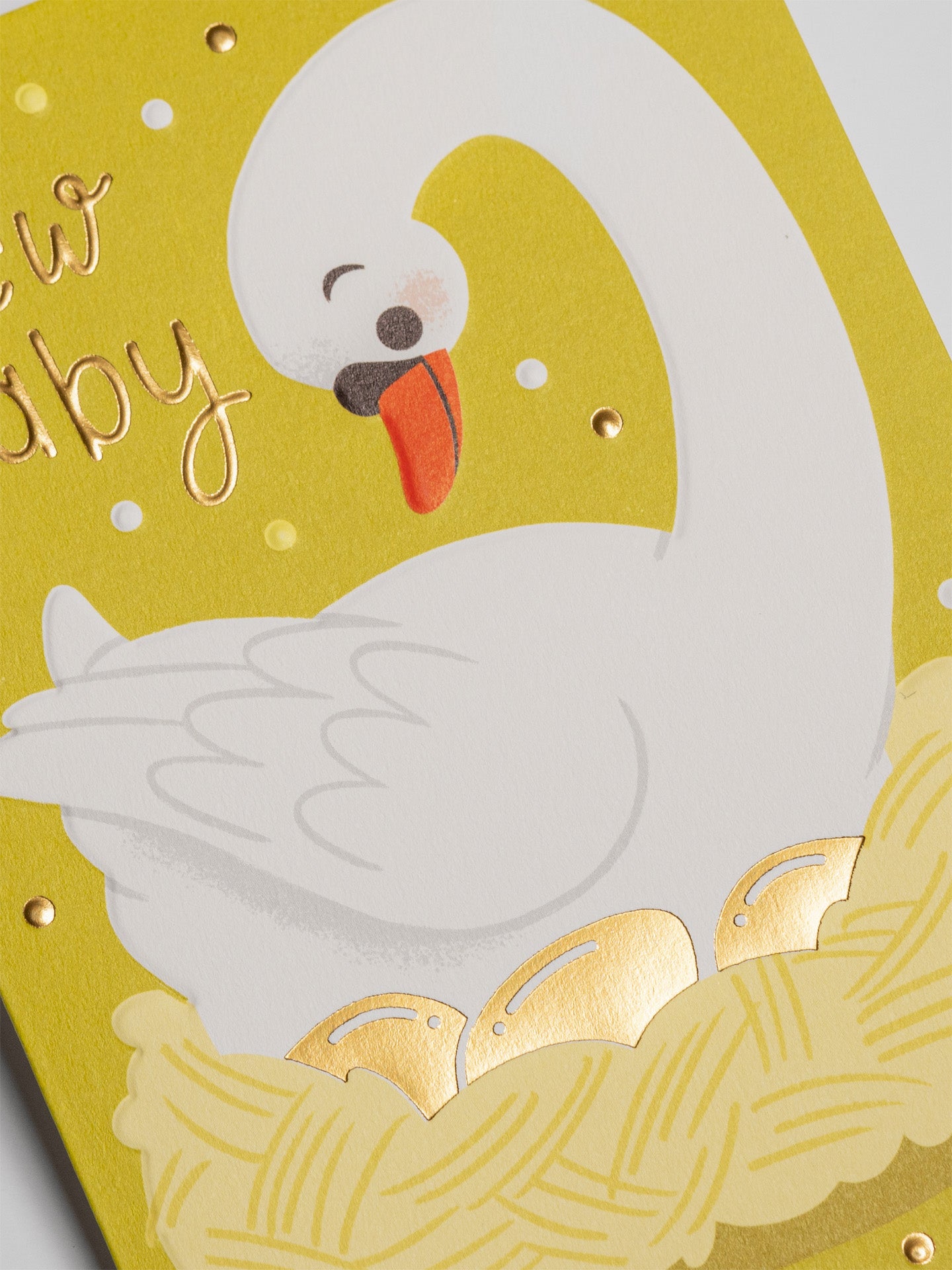 Nesting swan illustrated yellow & gold new baby card by Mei Støyva