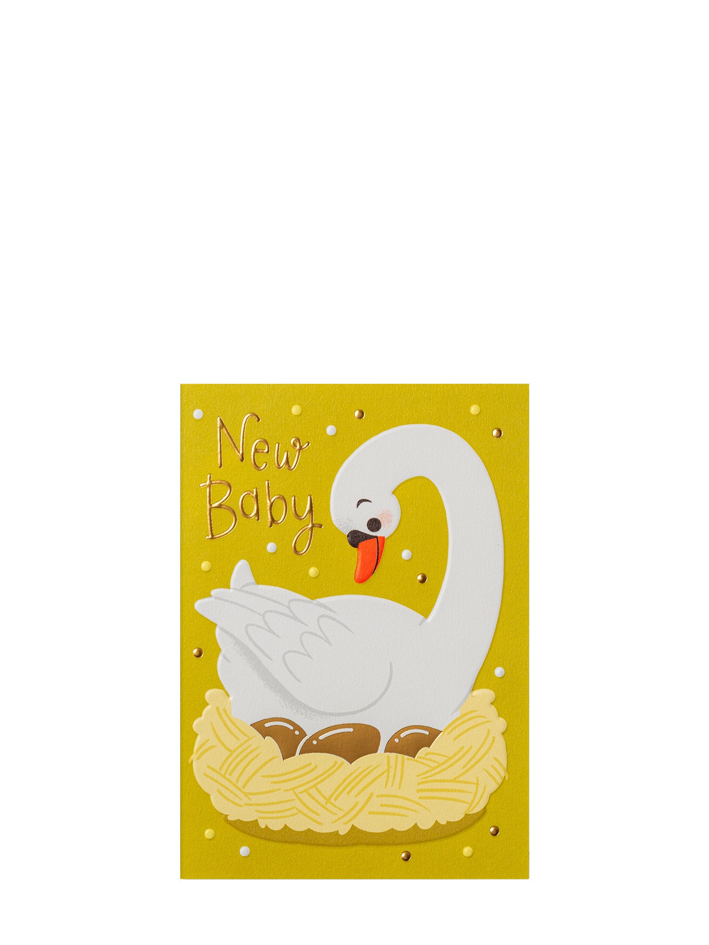 Nesting swan illustrated yellow & gold new baby card by Mei Støyva